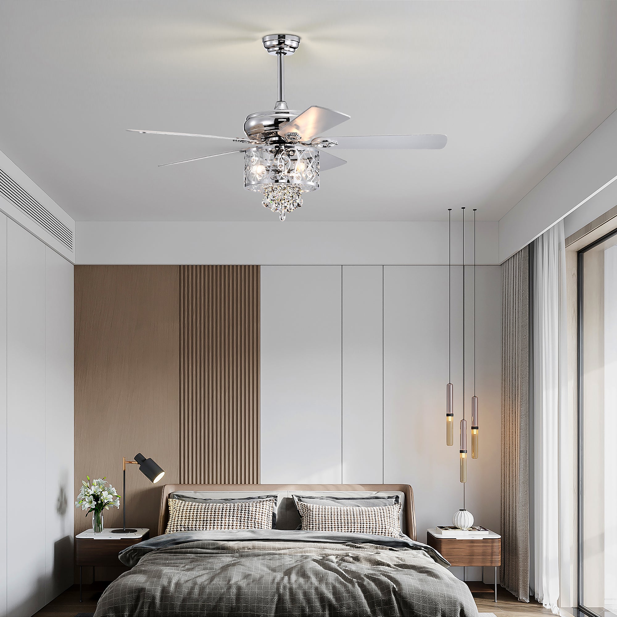 52" Crystal Ceiling Fan Light with Remote Control for Living Room