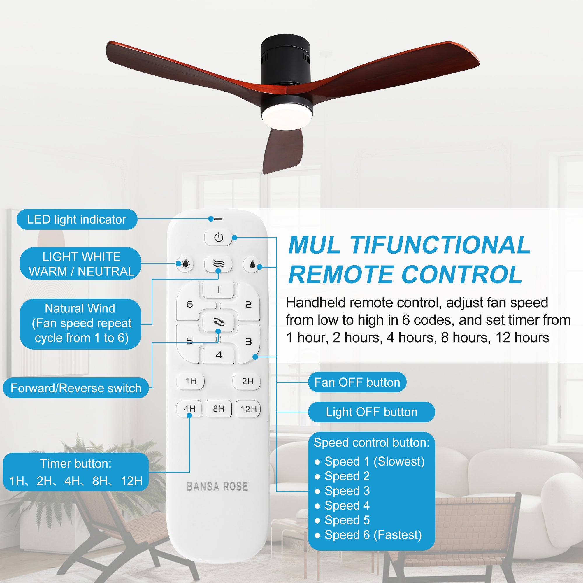 52" Ceiling Fan Light with Remote Control for Living Room