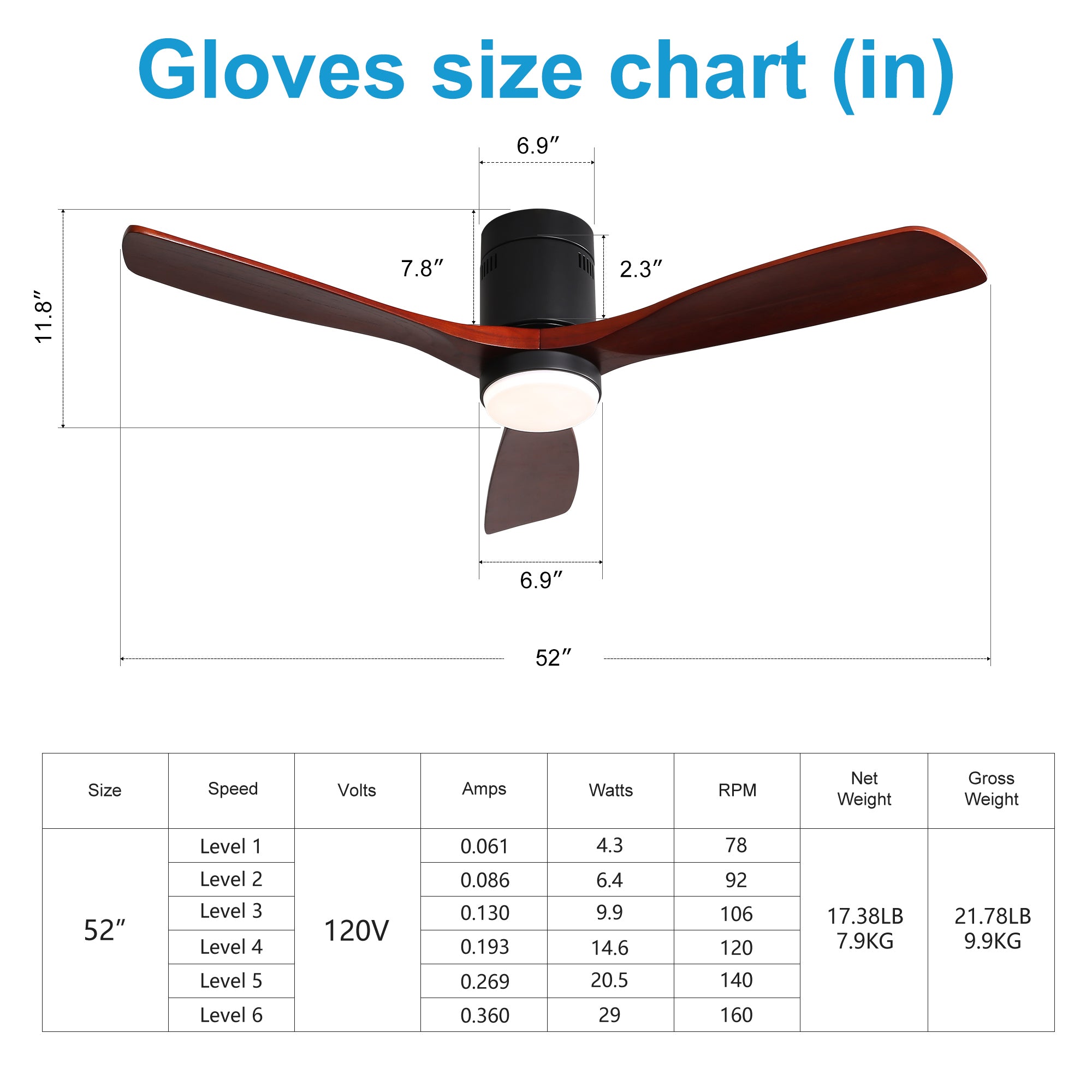 52" Ceiling Fan Light with Remote Control for Living Room