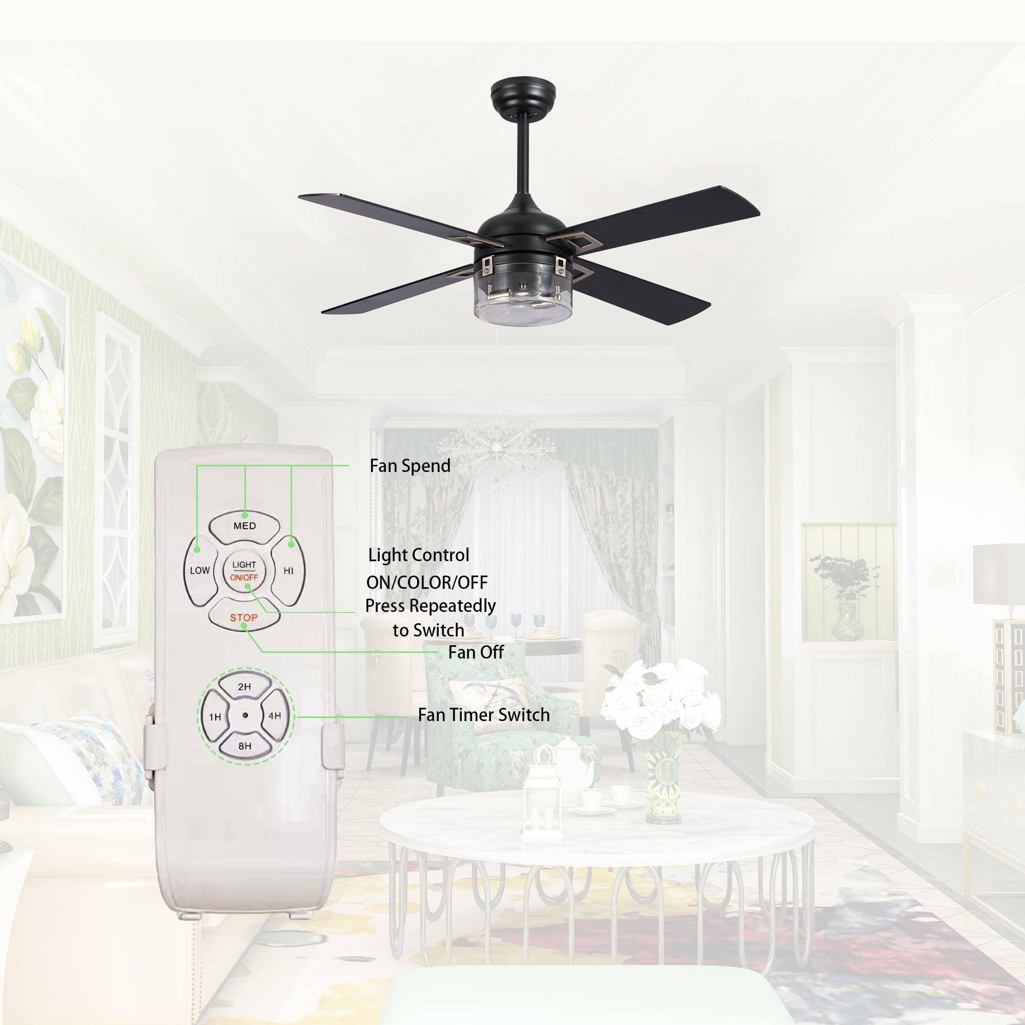 48" Ceiling Fan Light with Remote Control for Living Room