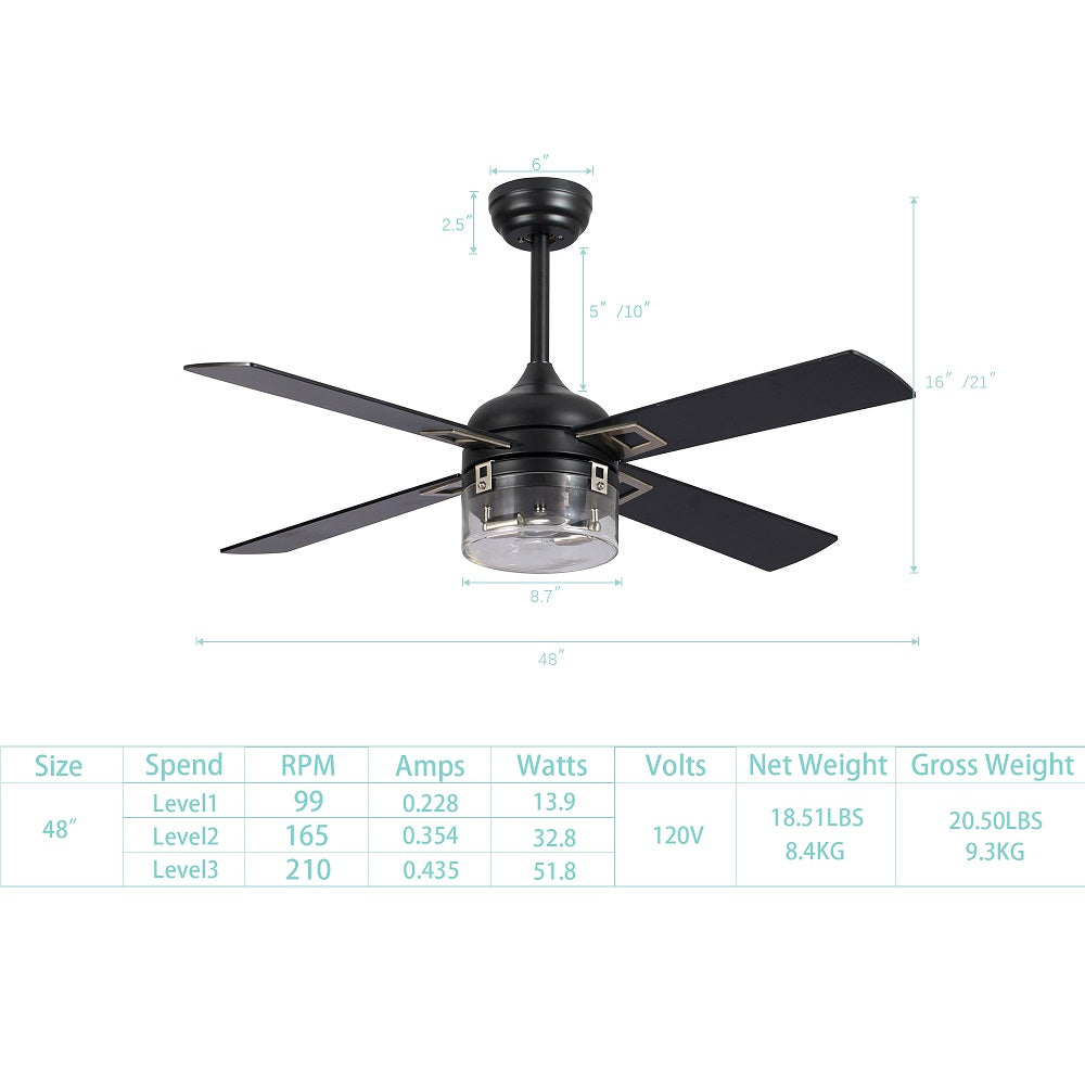 48" Ceiling Fan Light with Remote Control for Living Room