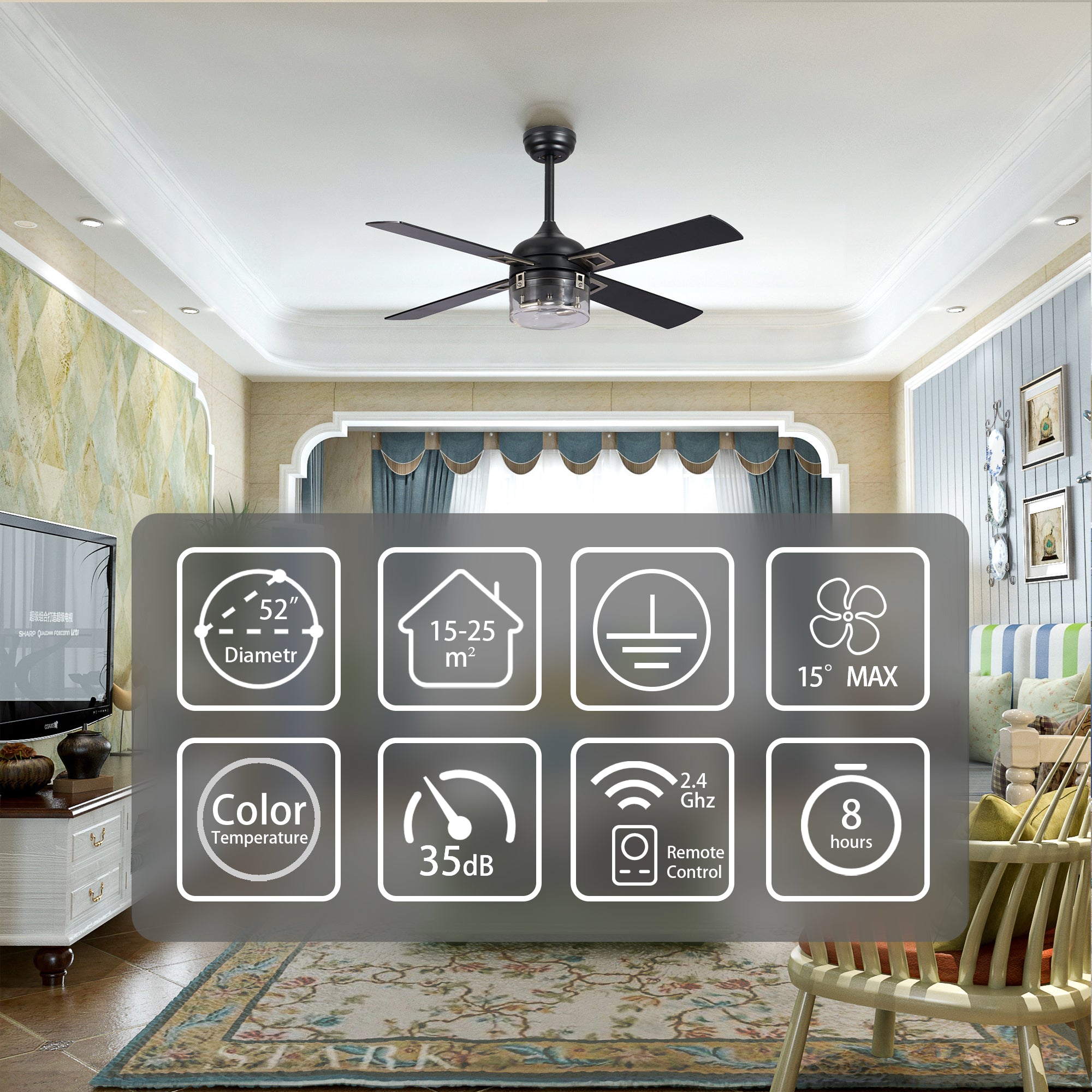 48" Ceiling Fan Light with Remote Control for Living Room