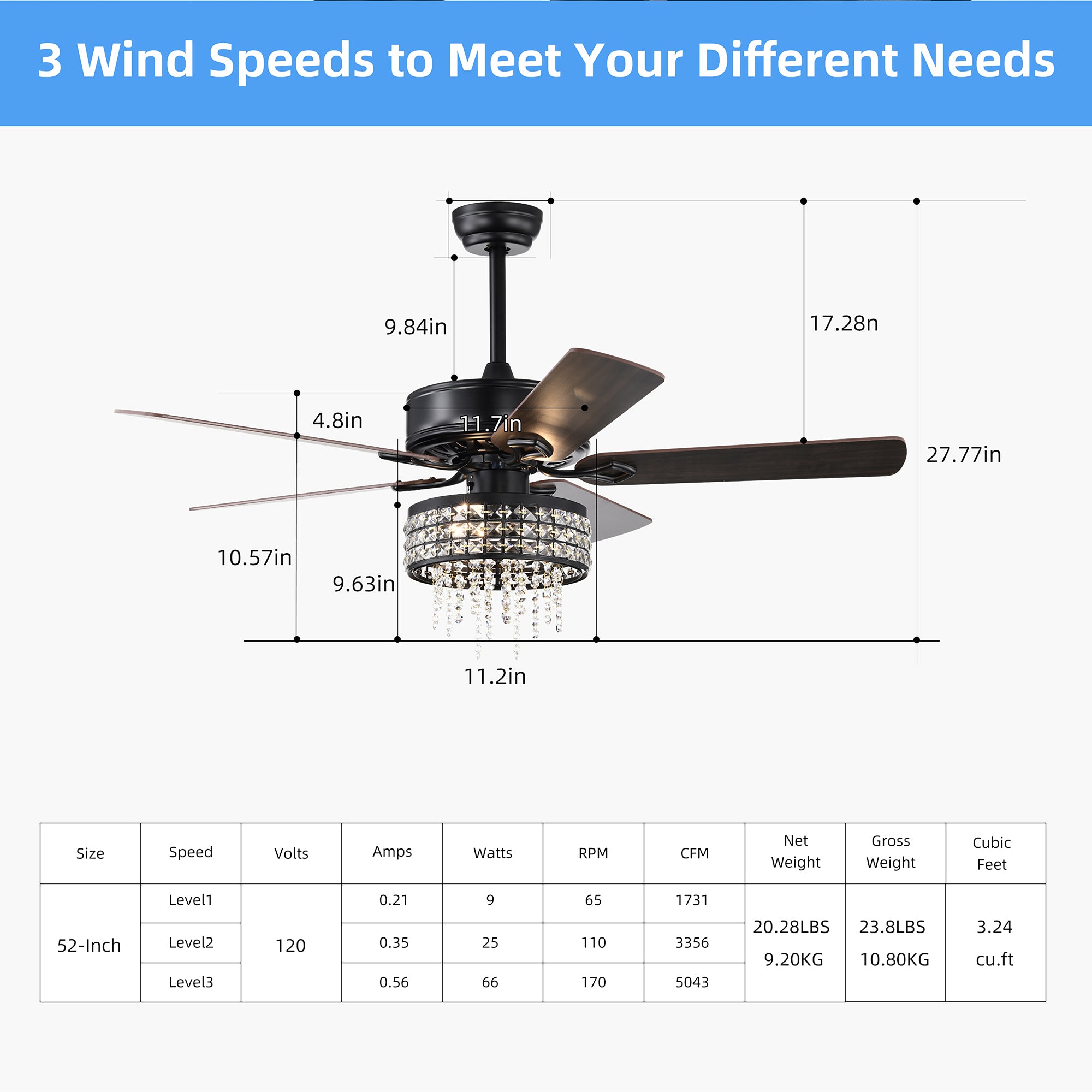 52" Ceiling Fan Light with Remote Control for Living Room