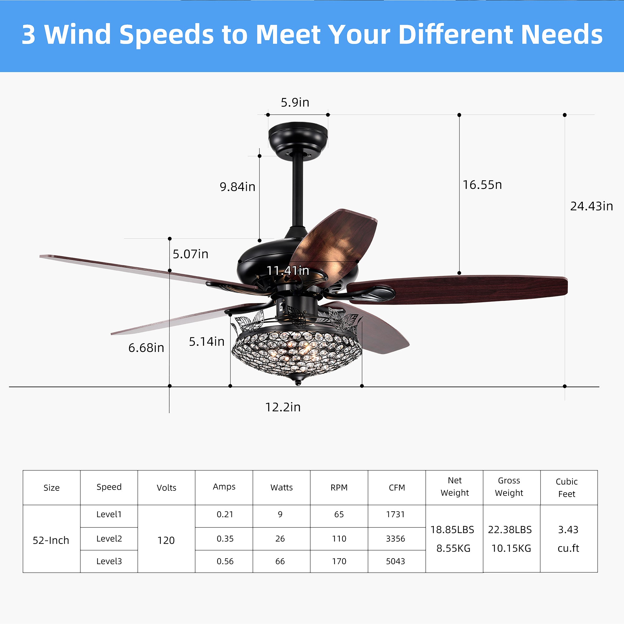 52" Ceiling Fan Light with Remote Control for Living Room