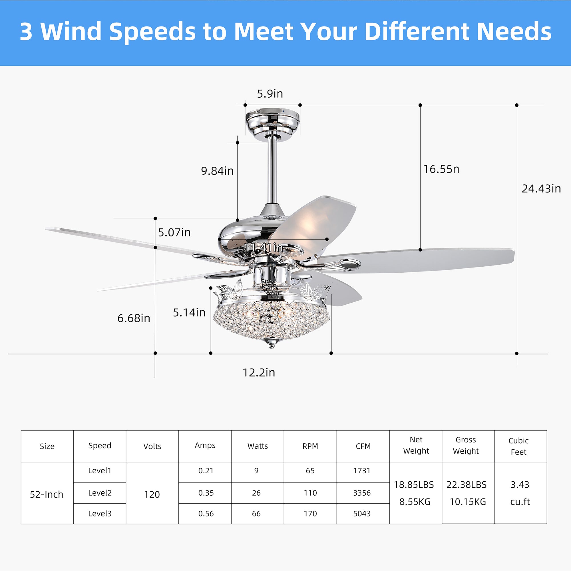 52" Ceiling Fan Light with Remote Control for Living Room