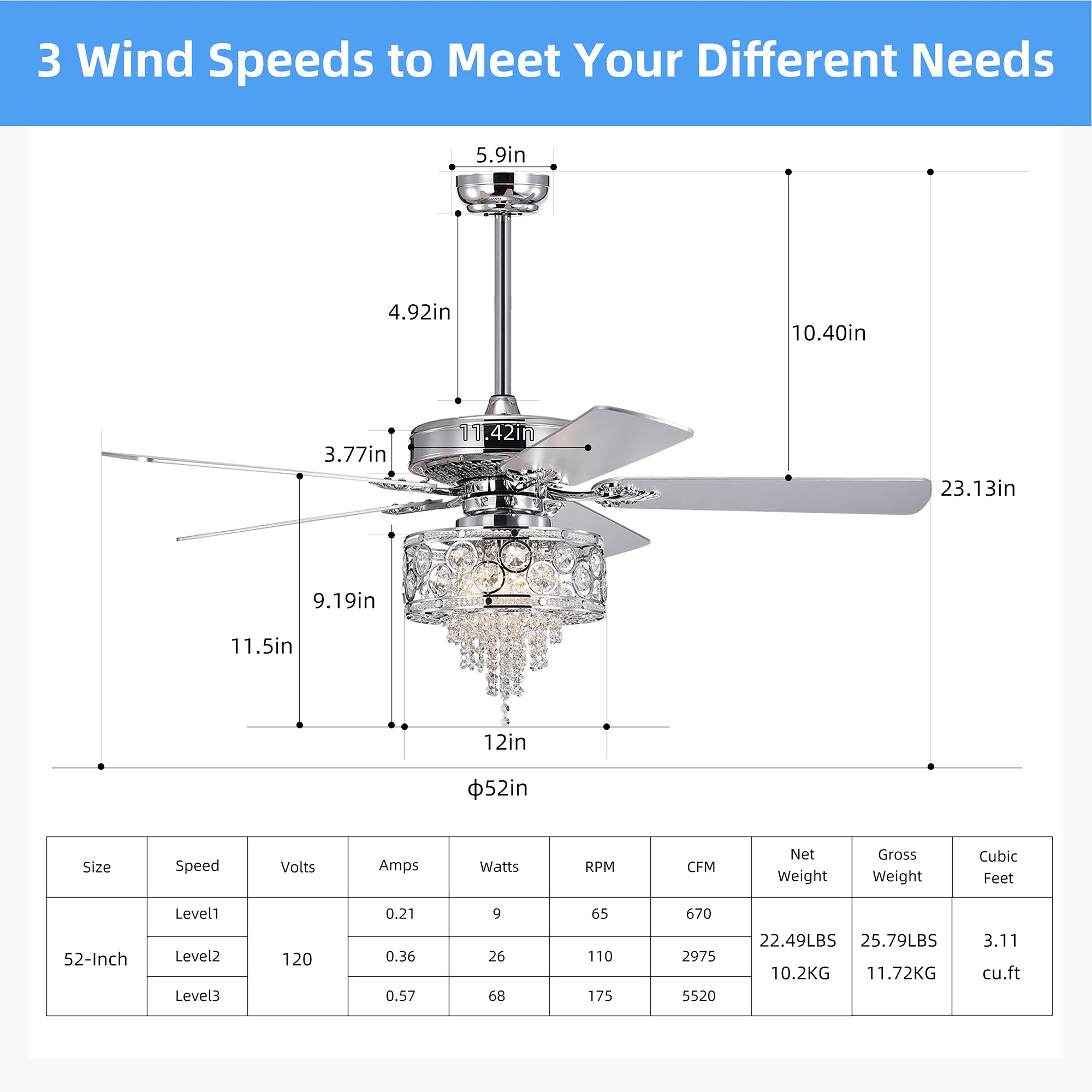 52" Ceiling Fan Light with Remote Control for Living Room