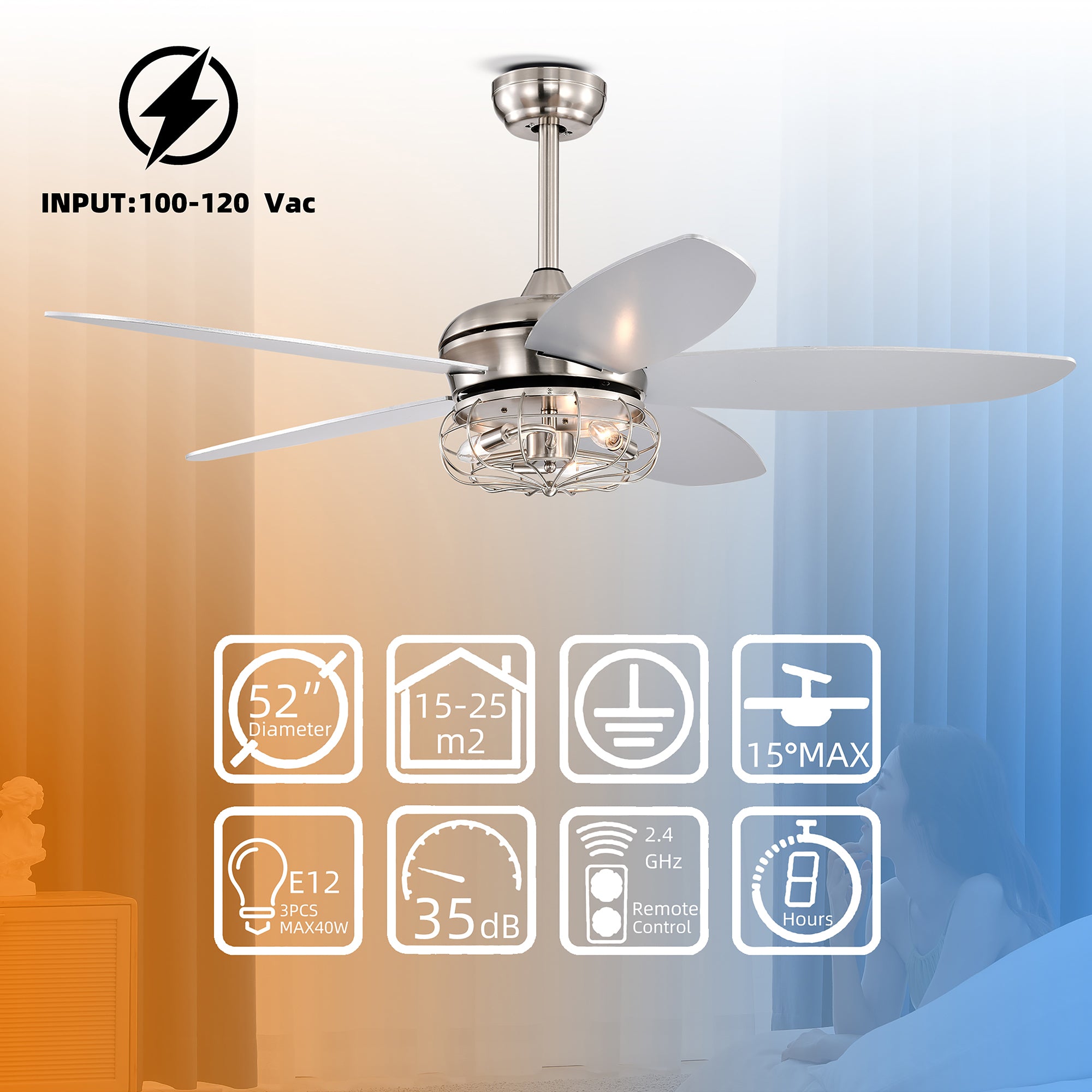 52" Ceiling Fan Light with Remote Control for Living Room