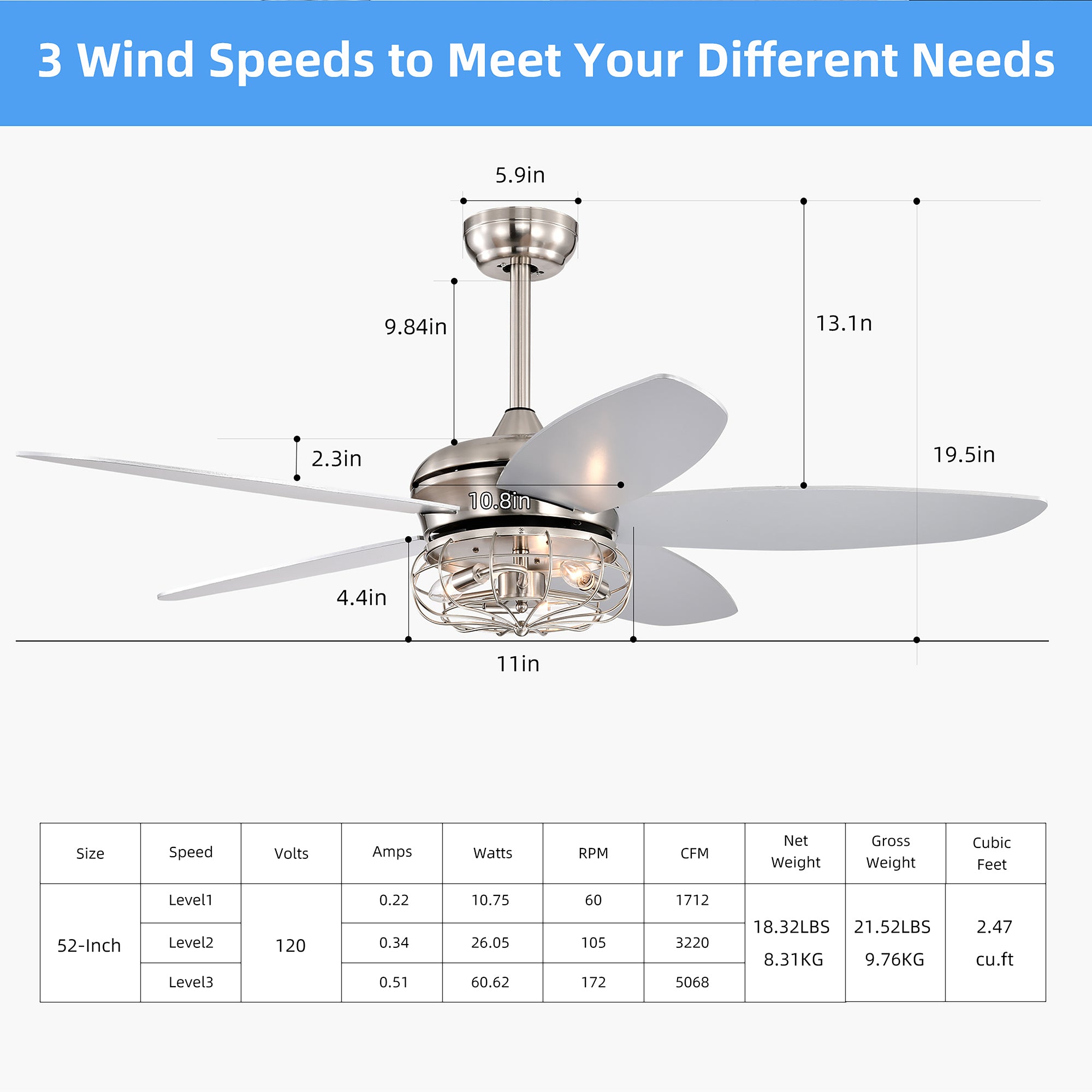 52" Ceiling Fan Light with Remote Control for Living Room