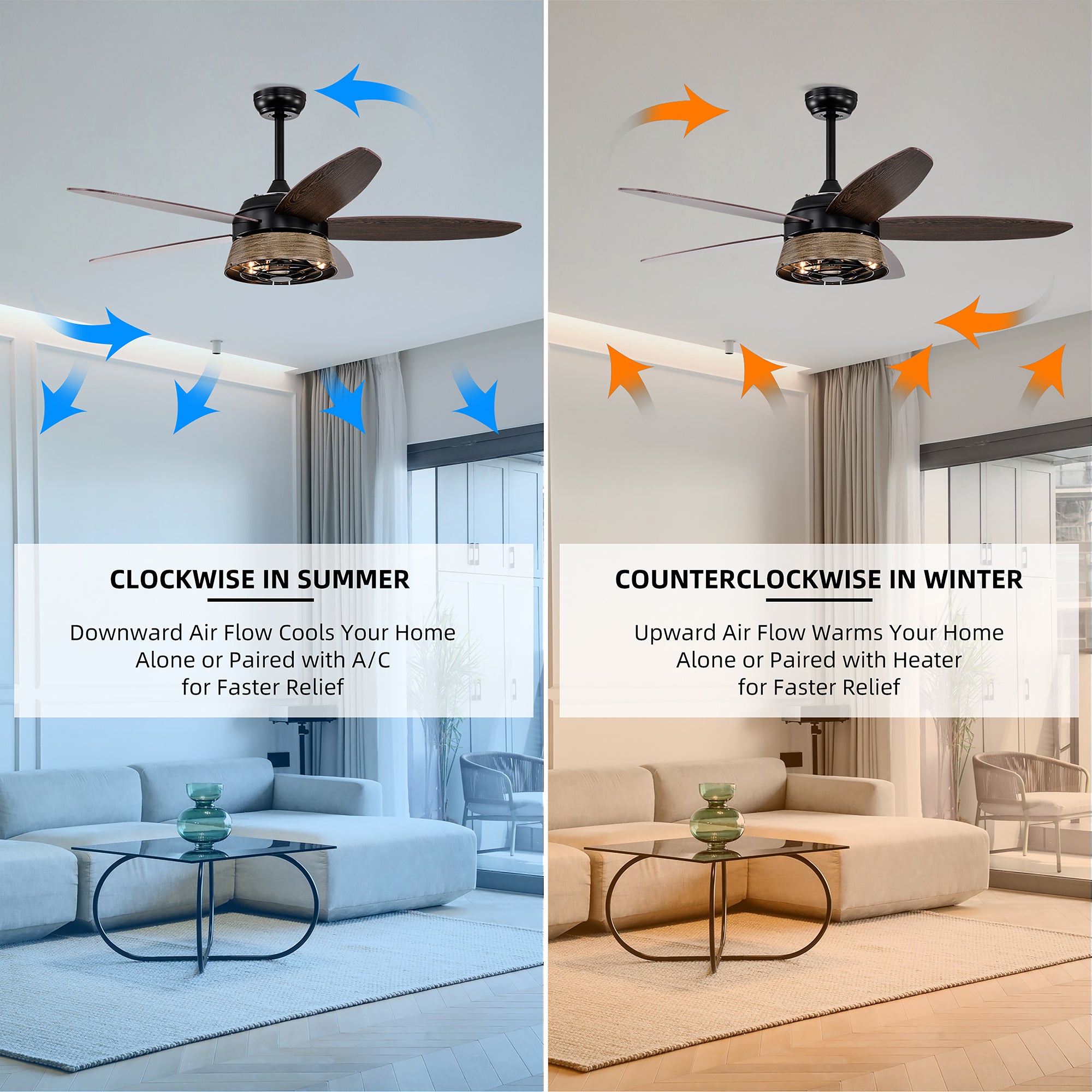 52" Indoor Ceiling Fan Light with Remote Control for Living Room