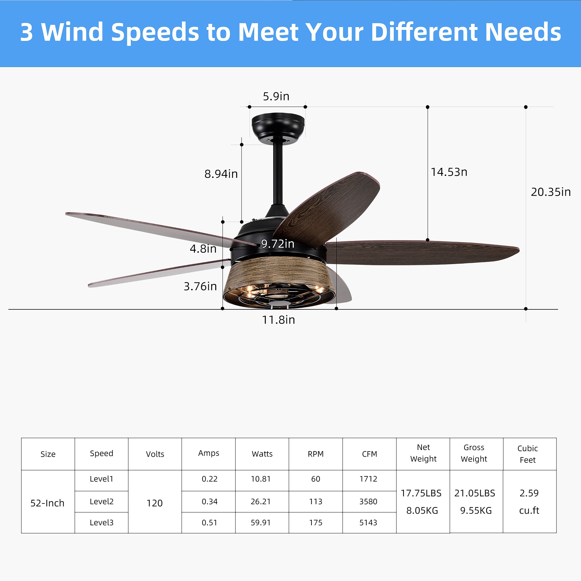 52" Indoor Ceiling Fan Light with Remote Control for Living Room