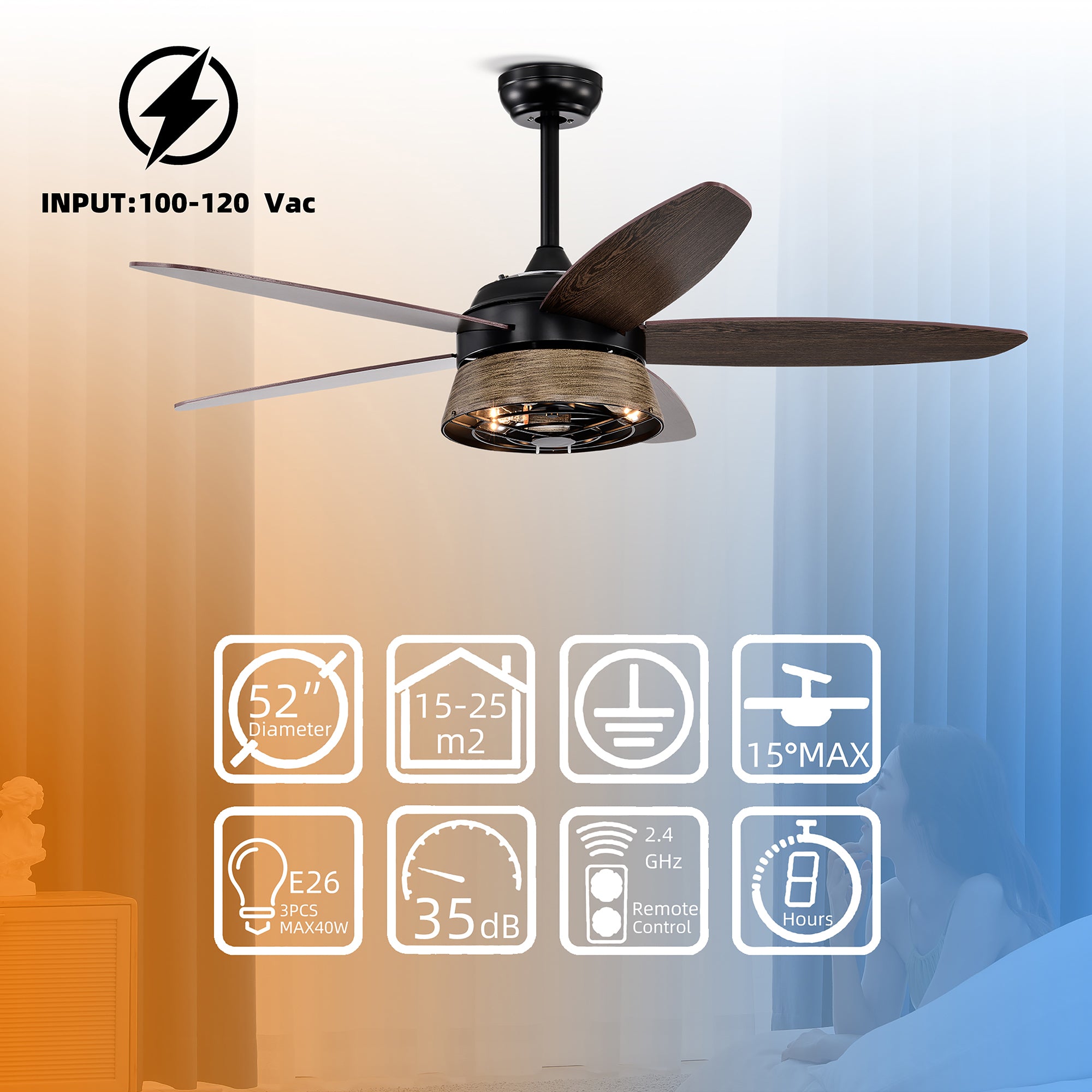 52" Indoor Ceiling Fan Light with Remote Control for Living Room