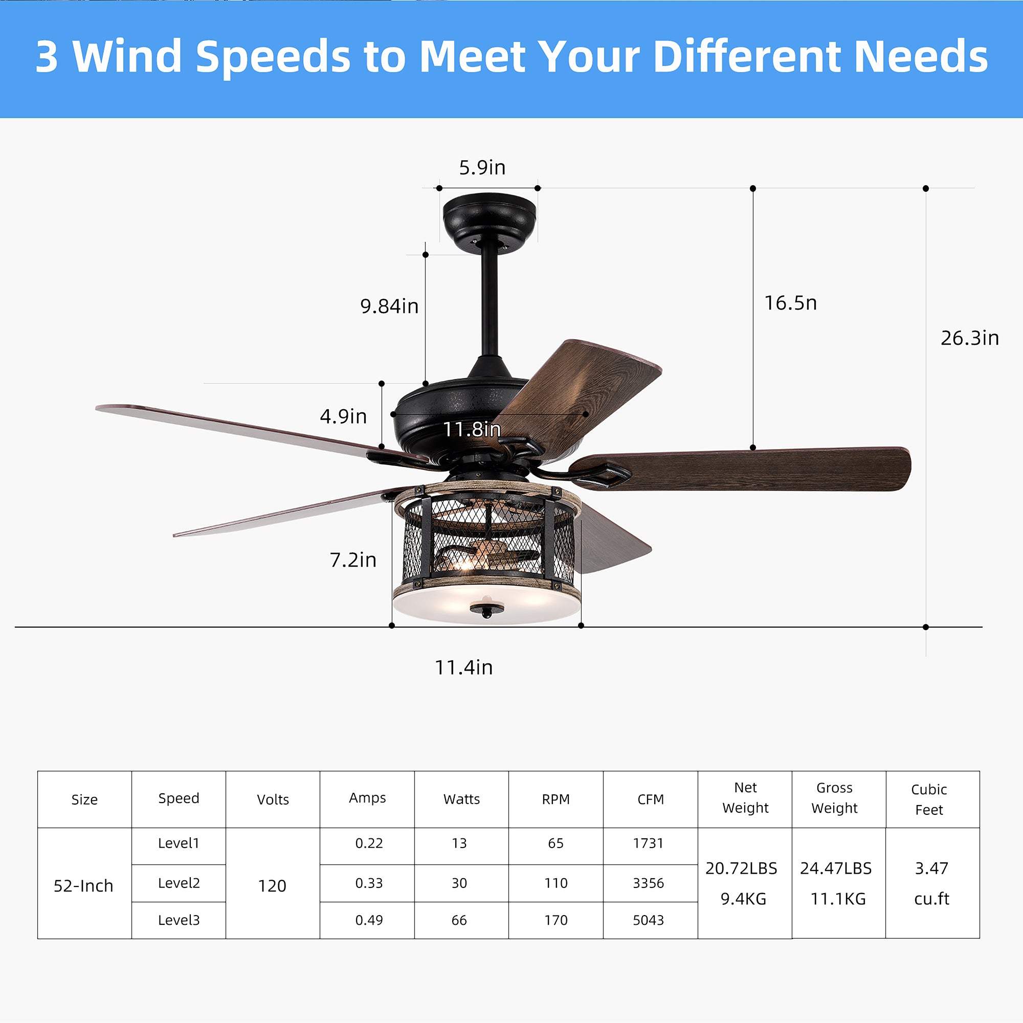 52" Ceiling Fan Light with Remote Control for Living Room