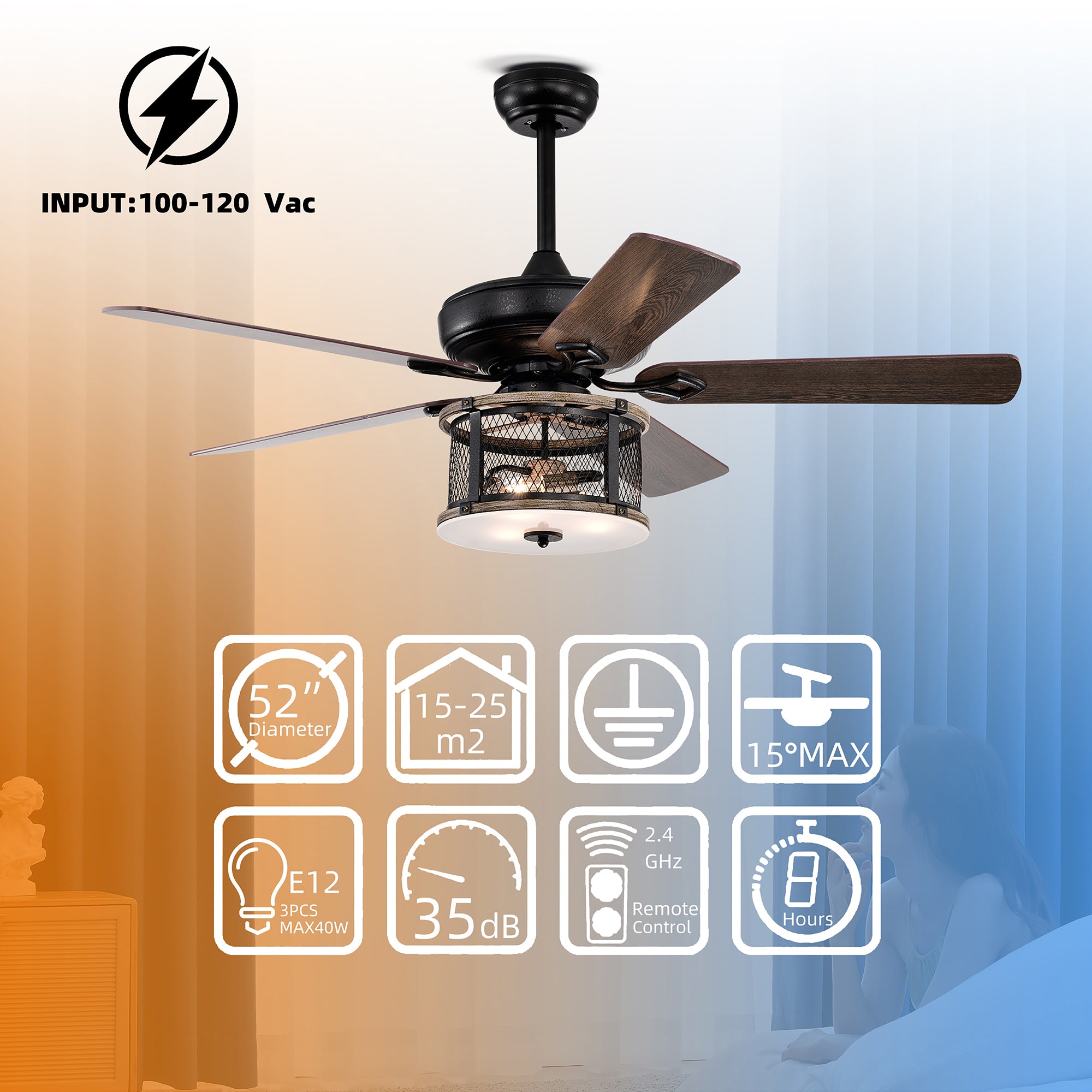 52" Ceiling Fan Light with Remote Control for Living Room
