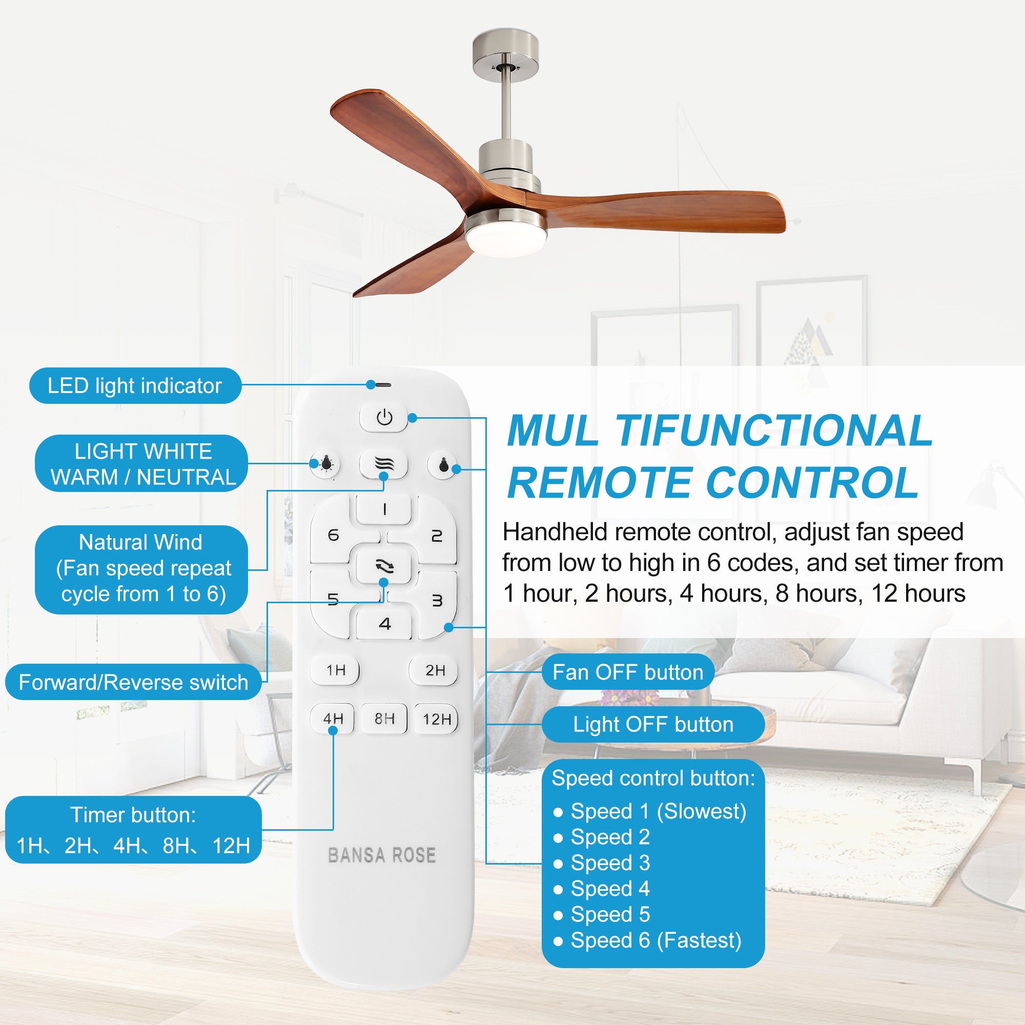 52" Ceiling Fan Light with Remote Control for Living Room