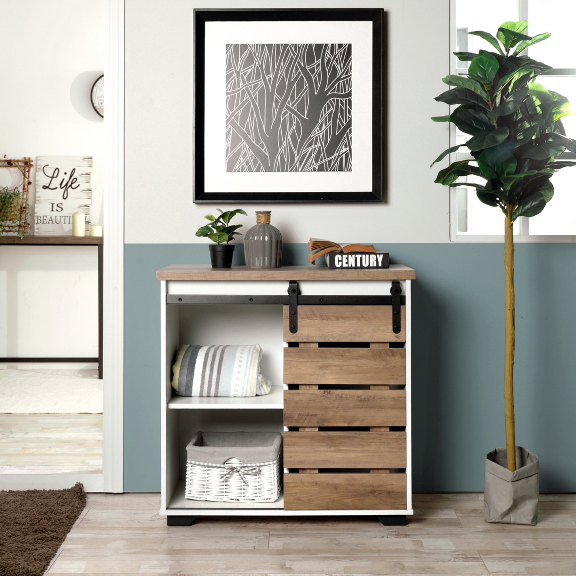 32" Tall Wood 1-door Accent Cabinet with Barn Door