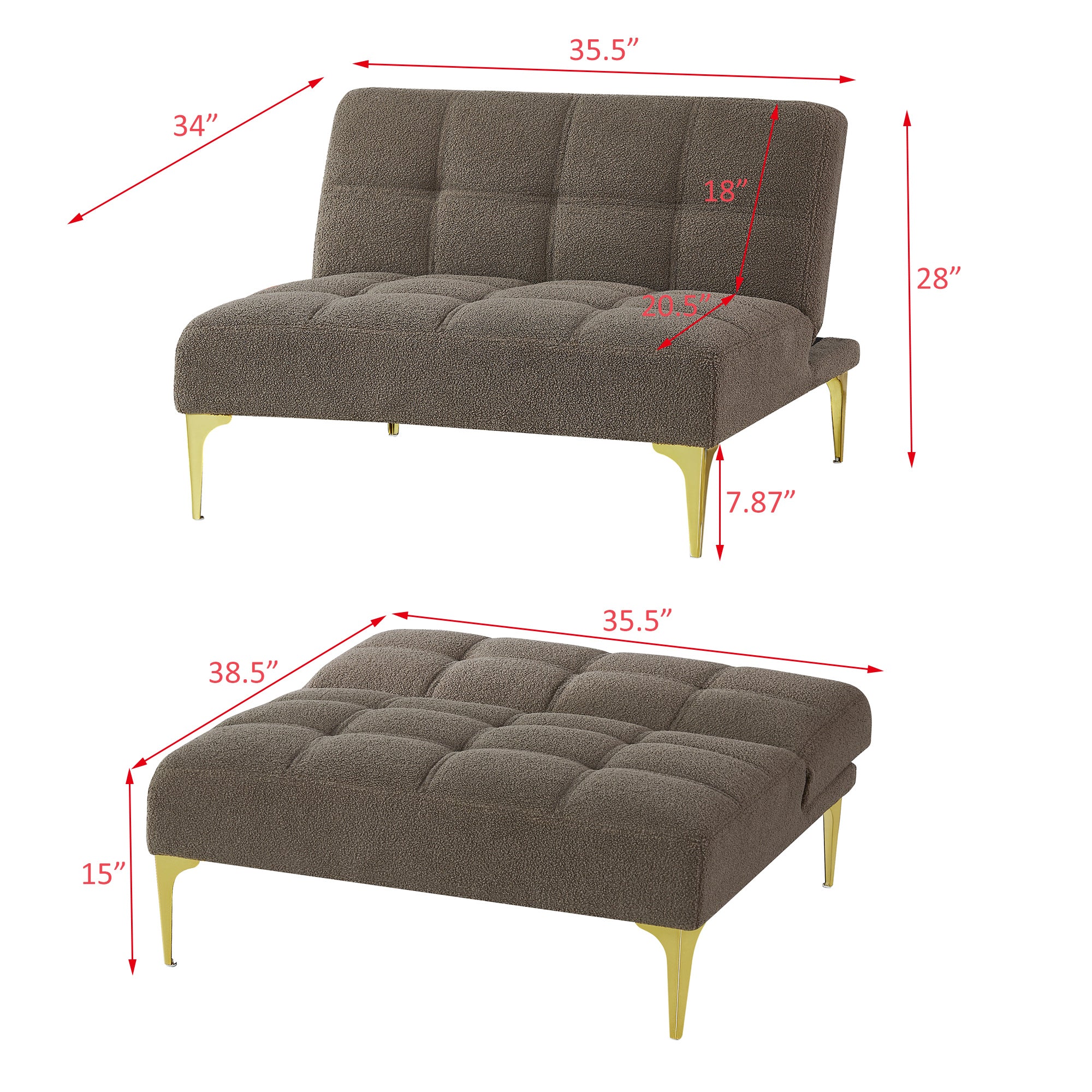 Teddy Fabric Convertible Chair with Gold Metal Legs