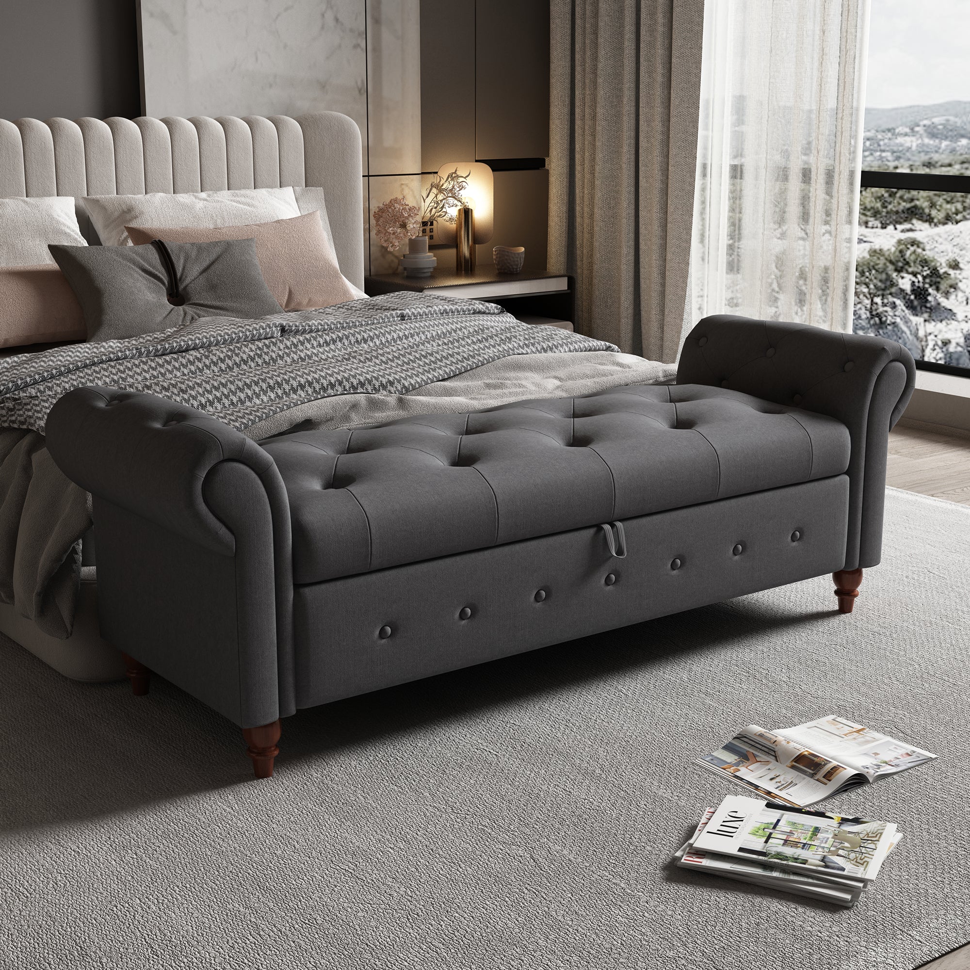 Tufted Fabric Storage Bed Bench for Bedroom