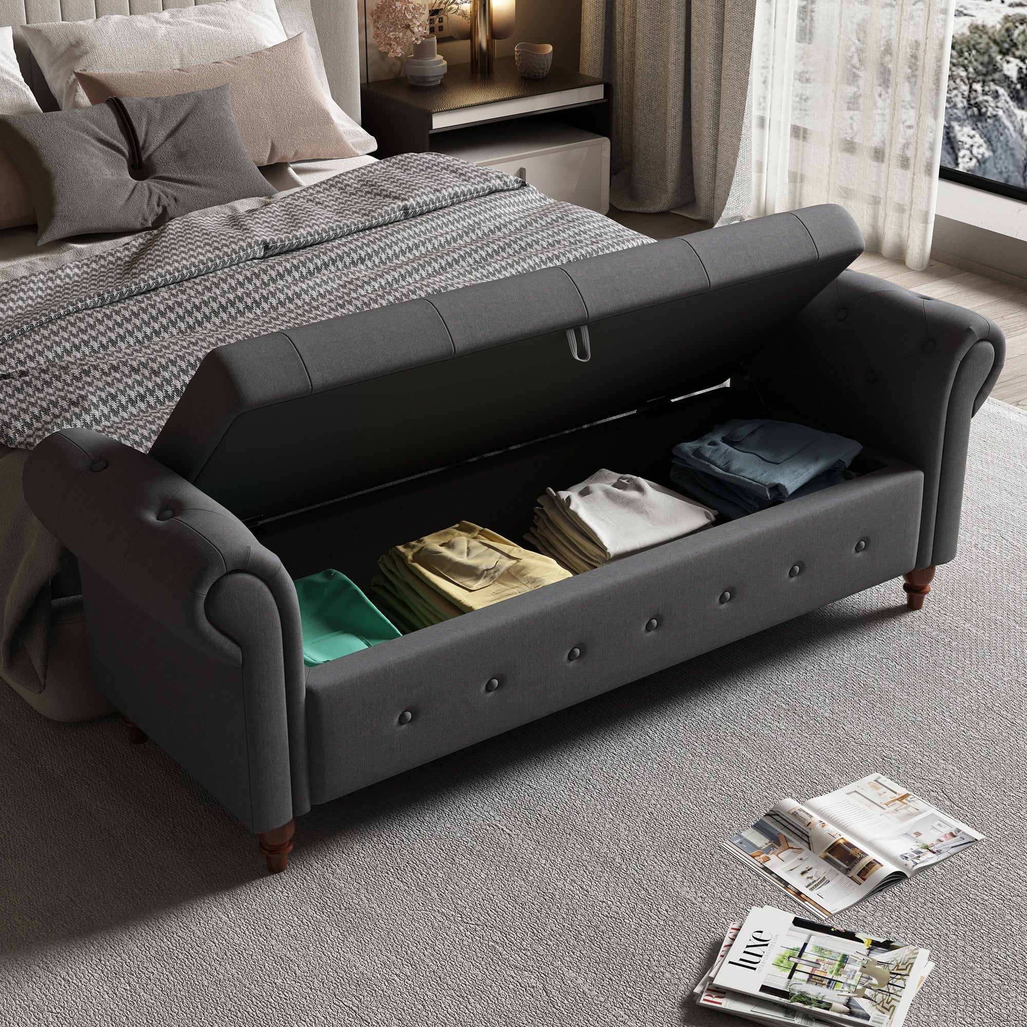 Tufted Fabric Storage Bed Bench for Bedroom
