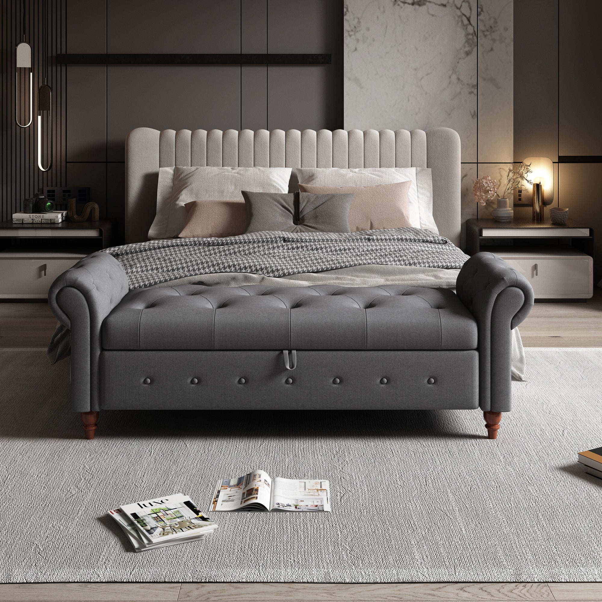 Tufted Fabric Storage Bed Bench for Bedroom