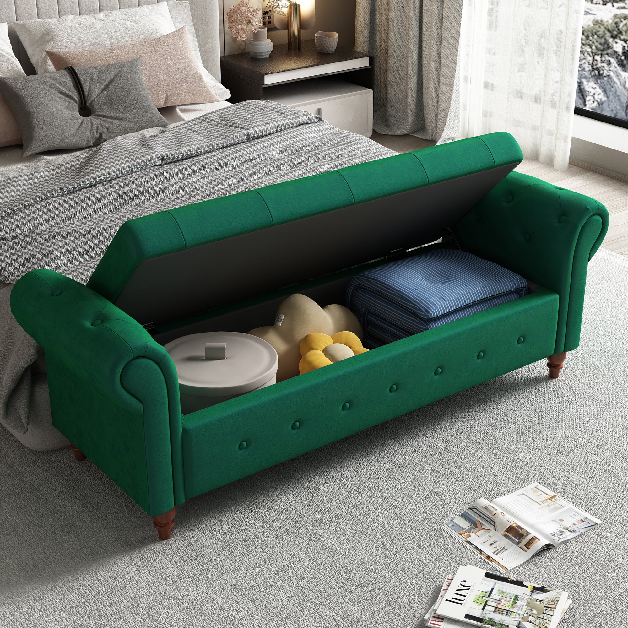 Tufted Fabric Storage Bed Bench for Bedroom