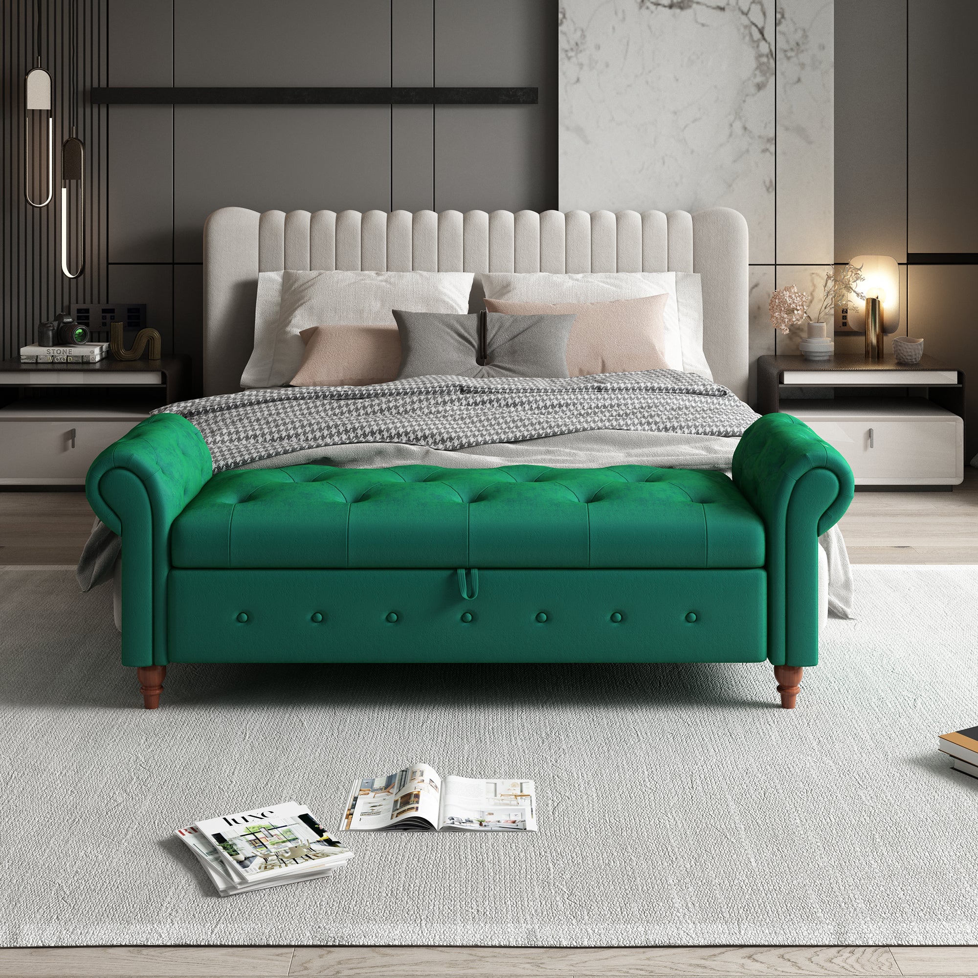 Tufted Fabric Storage Bed Bench for Bedroom