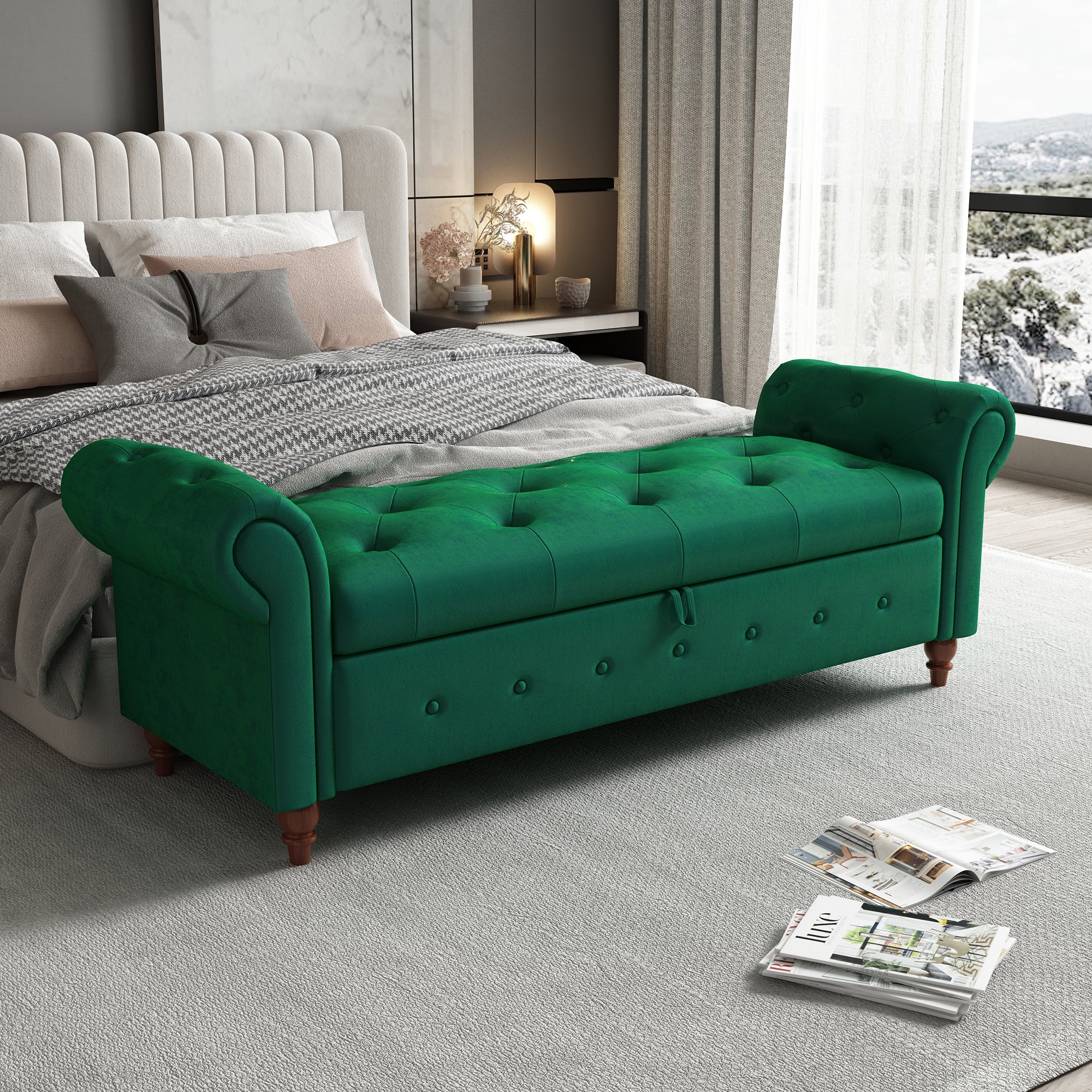 Tufted Fabric Storage Bed Bench for Bedroom