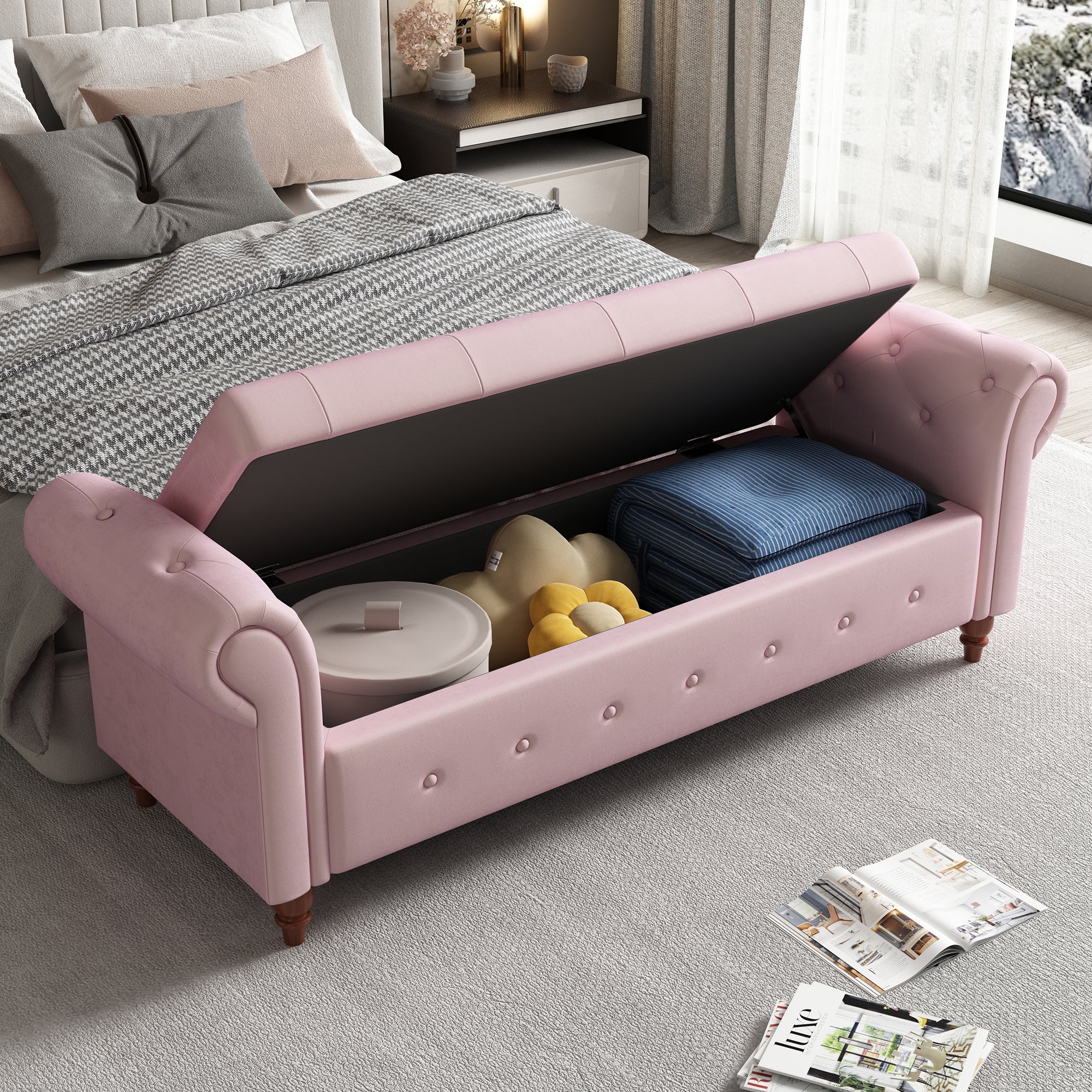 Tufted Fabric Storage Bed Bench for Bedroom