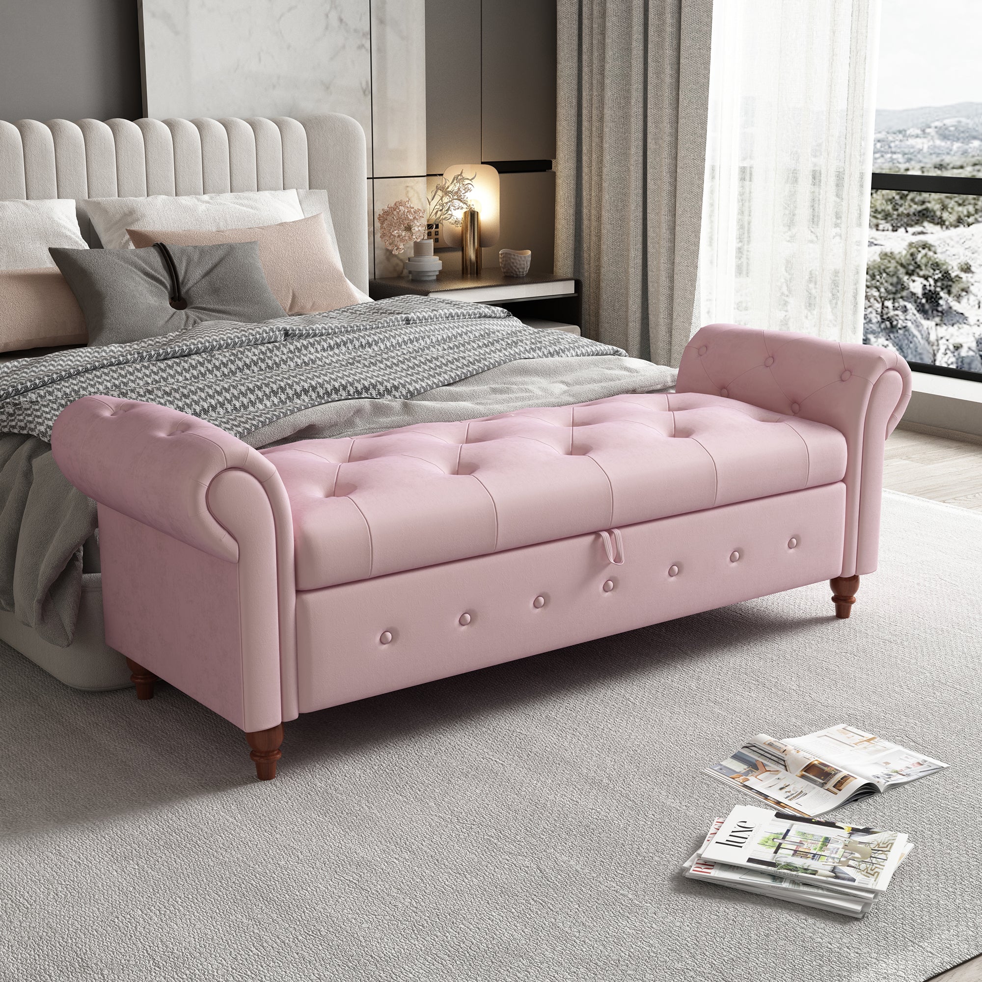 Tufted Fabric Storage Bed Bench for Bedroom