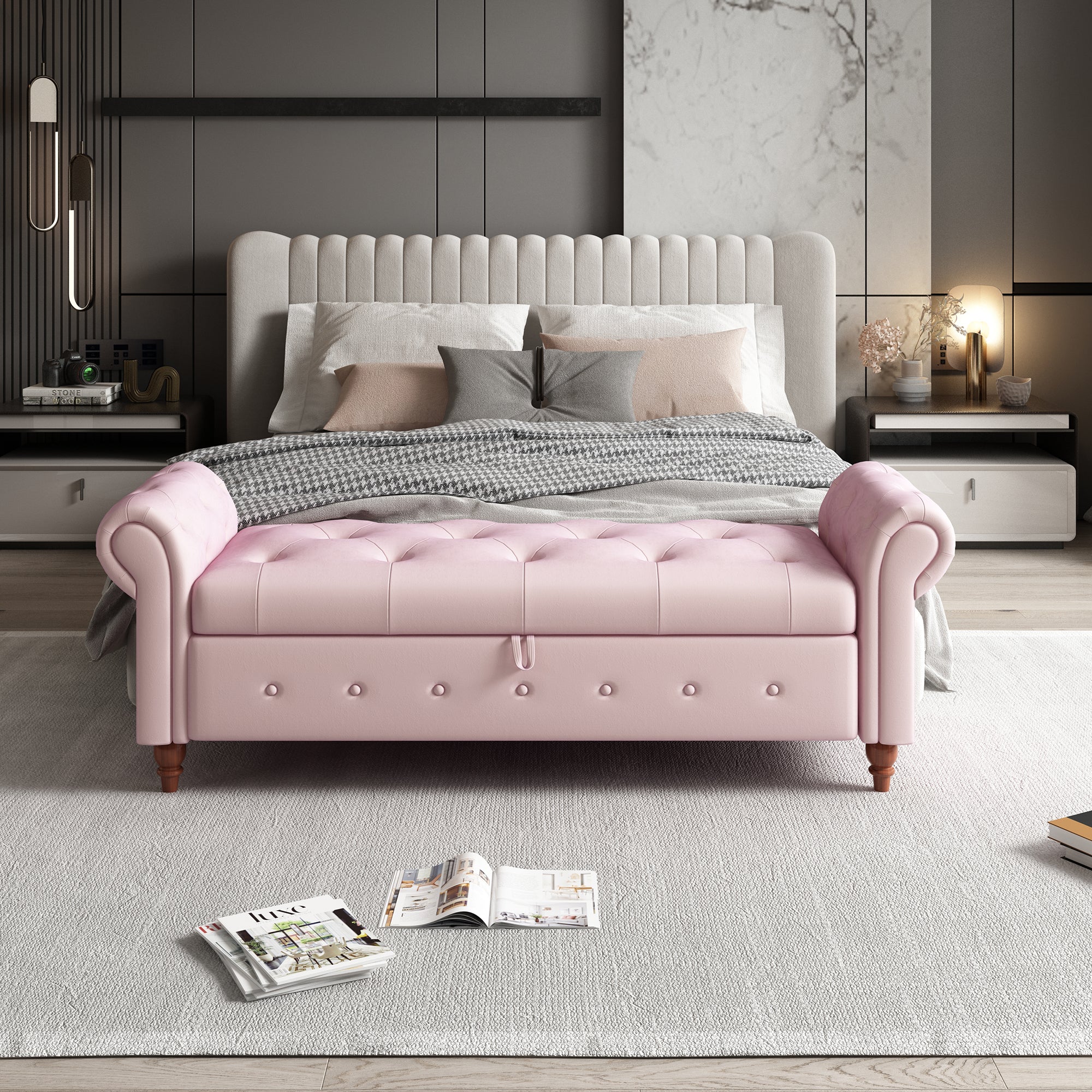 Tufted Fabric Storage Bed Bench for Bedroom