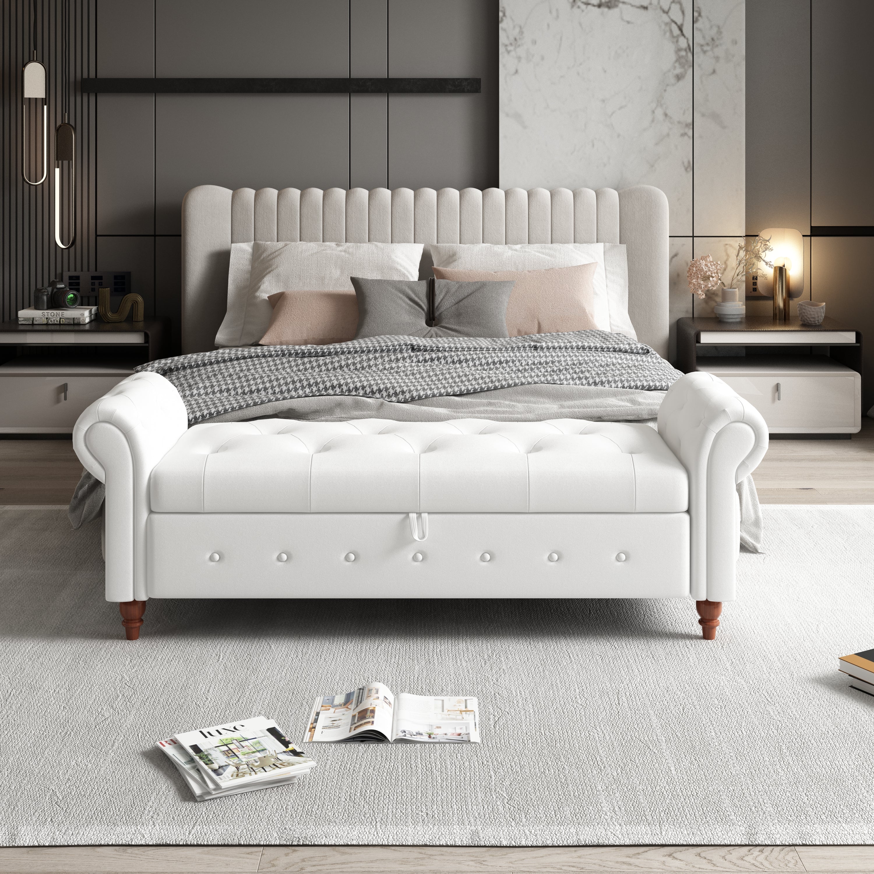 Tufted Fabric Storage Bed Bench for Bedroom