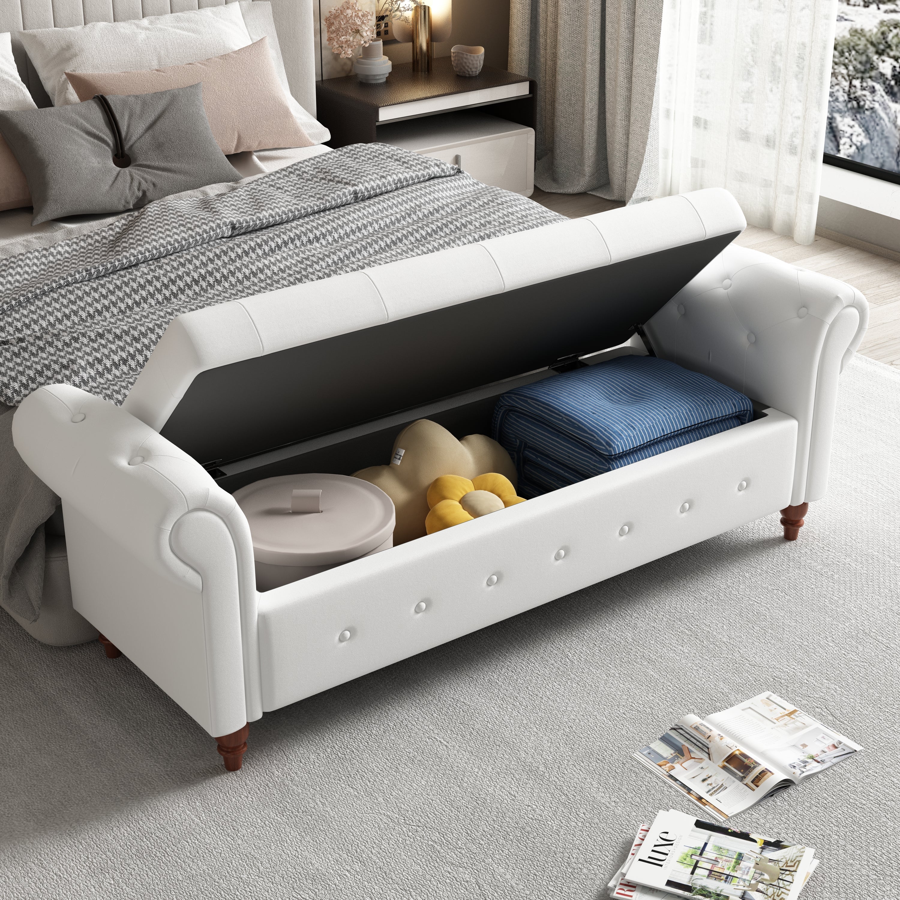 Tufted Fabric Storage Bed Bench for Bedroom