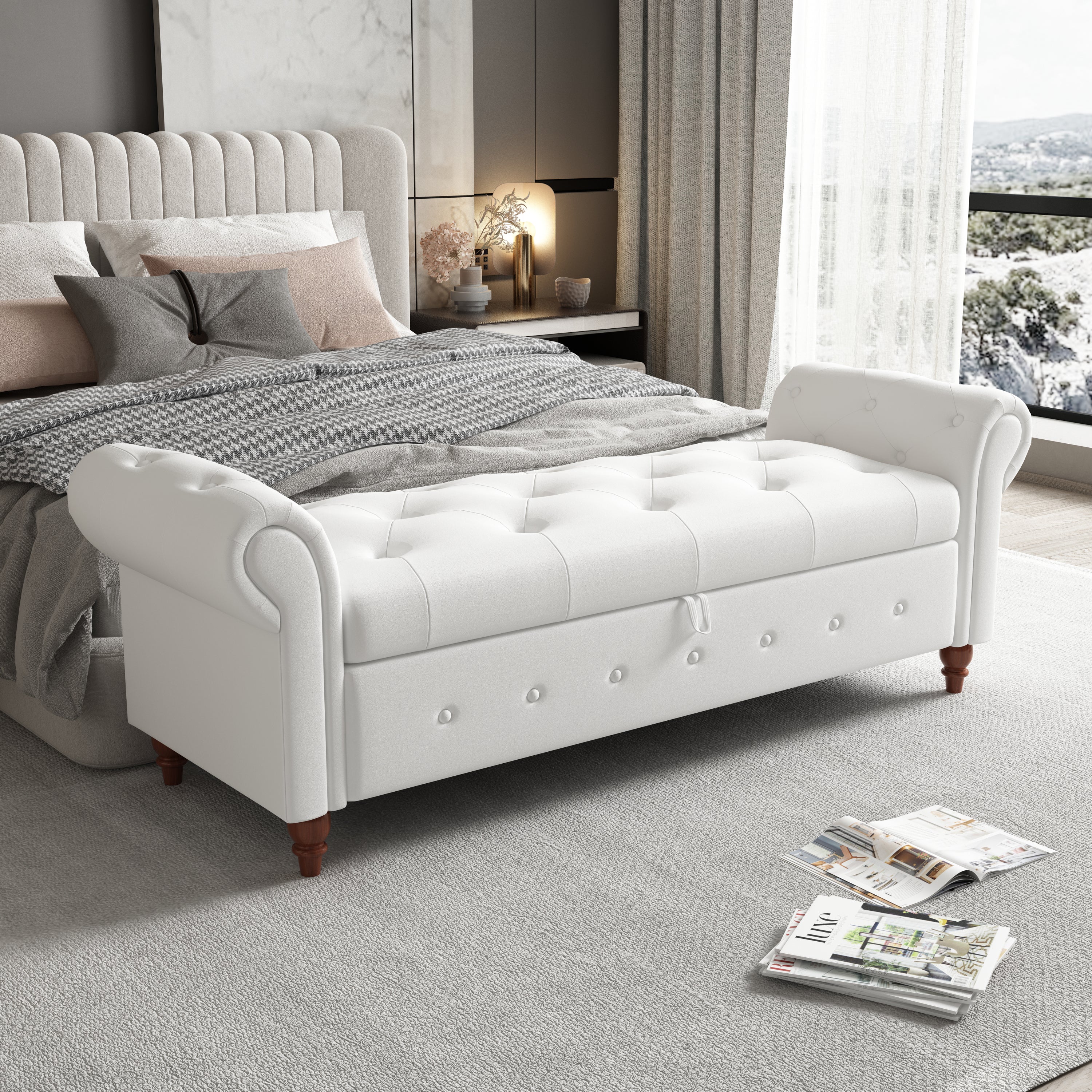 Tufted Fabric Storage Bed Bench for Bedroom