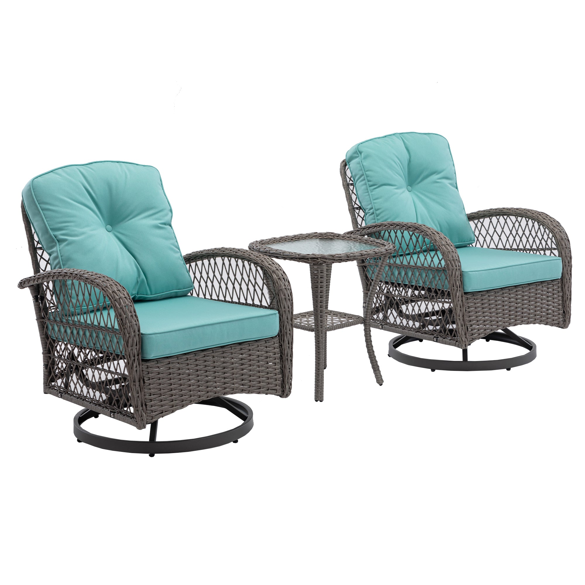 3 Pieces Outdoor Patio Wicker Swivel Chair Set with Cushions