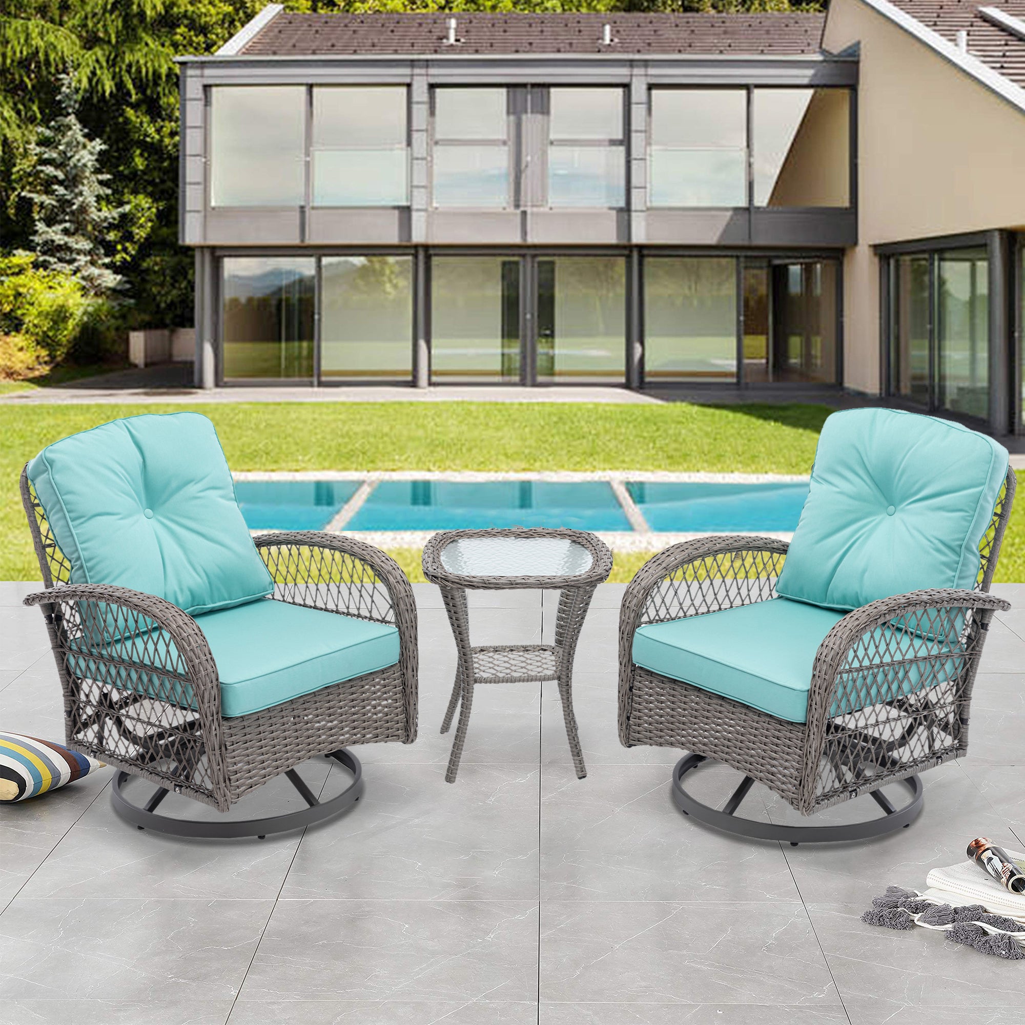 3 Pieces Outdoor Patio Wicker Swivel Chair Set with Cushions