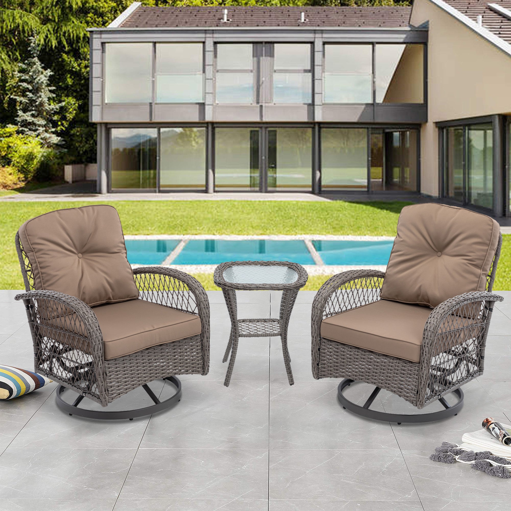 3 Pieces Outdoor Patio Wicker Swivel Chair Set with Cushions