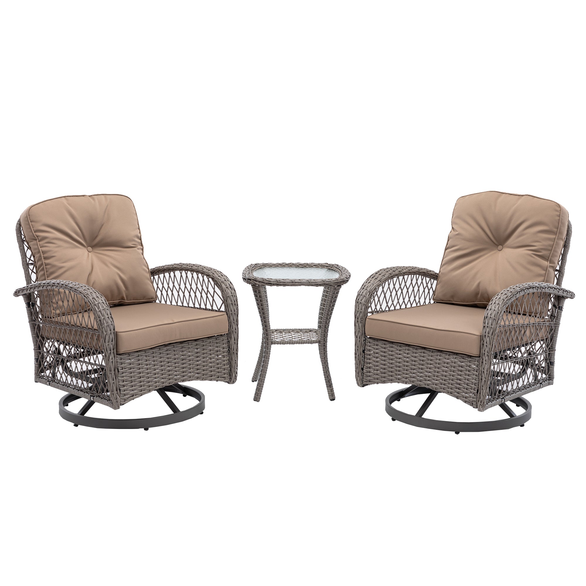 3 Pieces Outdoor Patio Wicker Swivel Chair Set with Cushions