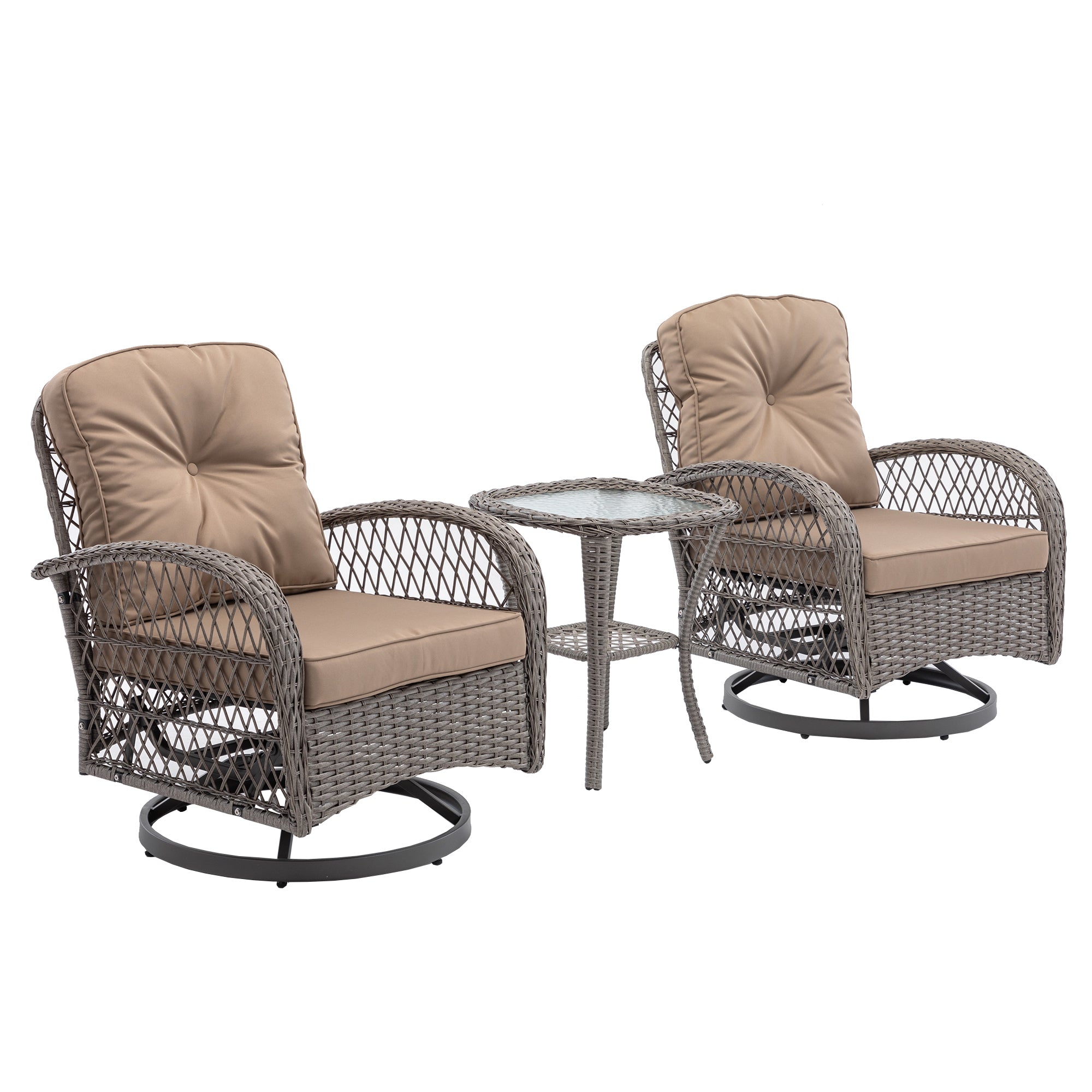 3 Pieces Outdoor Patio Wicker Swivel Chair Set with Cushions