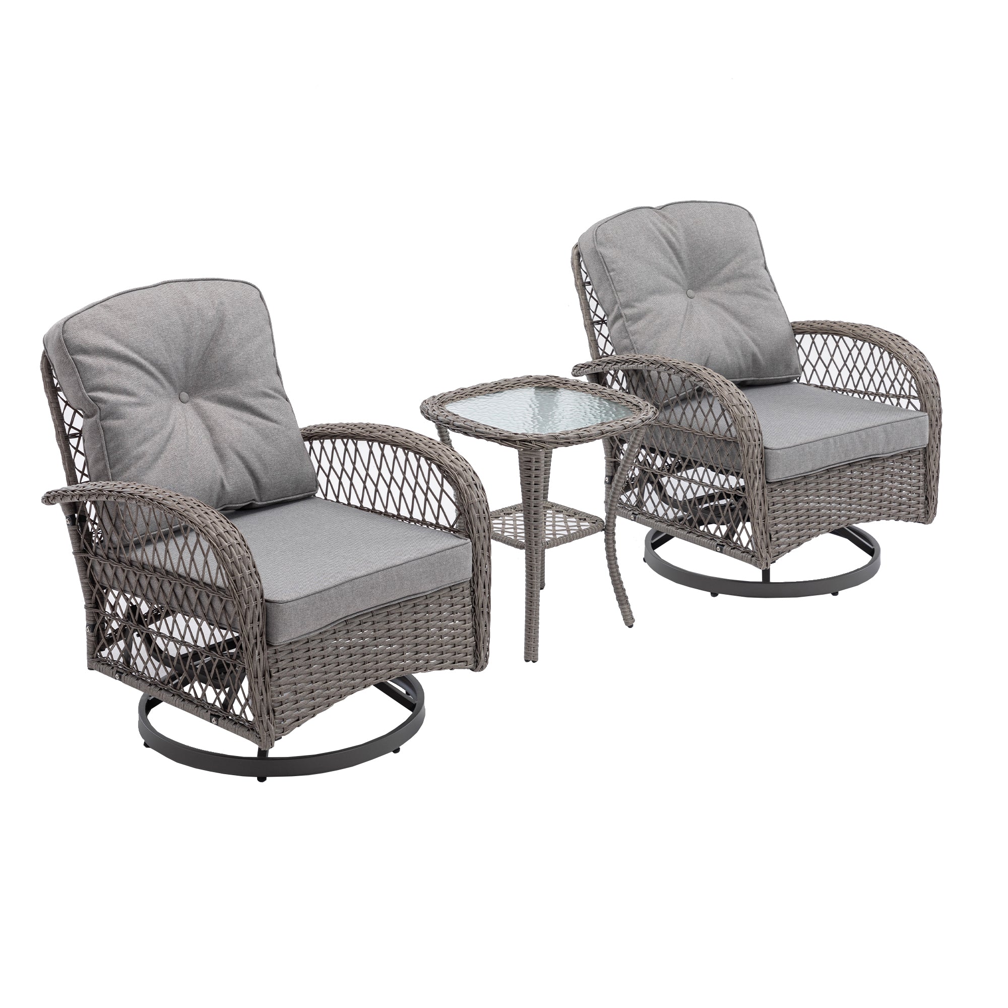 3 Pieces Outdoor Patio Wicker Swivel Chair Set with Cushions