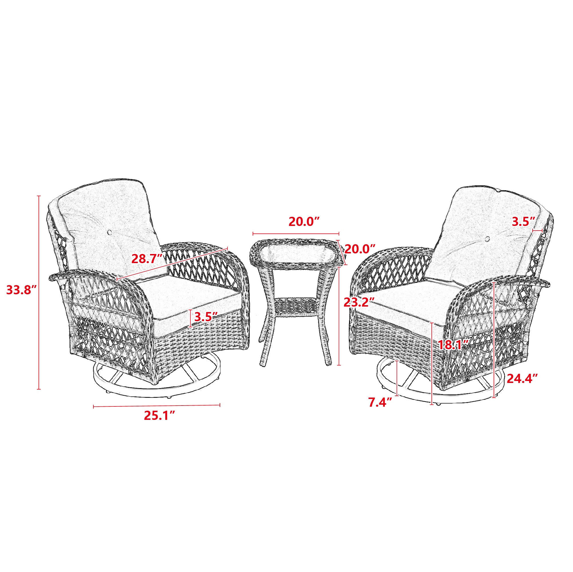 3 Pieces Outdoor Patio Wicker Swivel Chair Set with Cushions