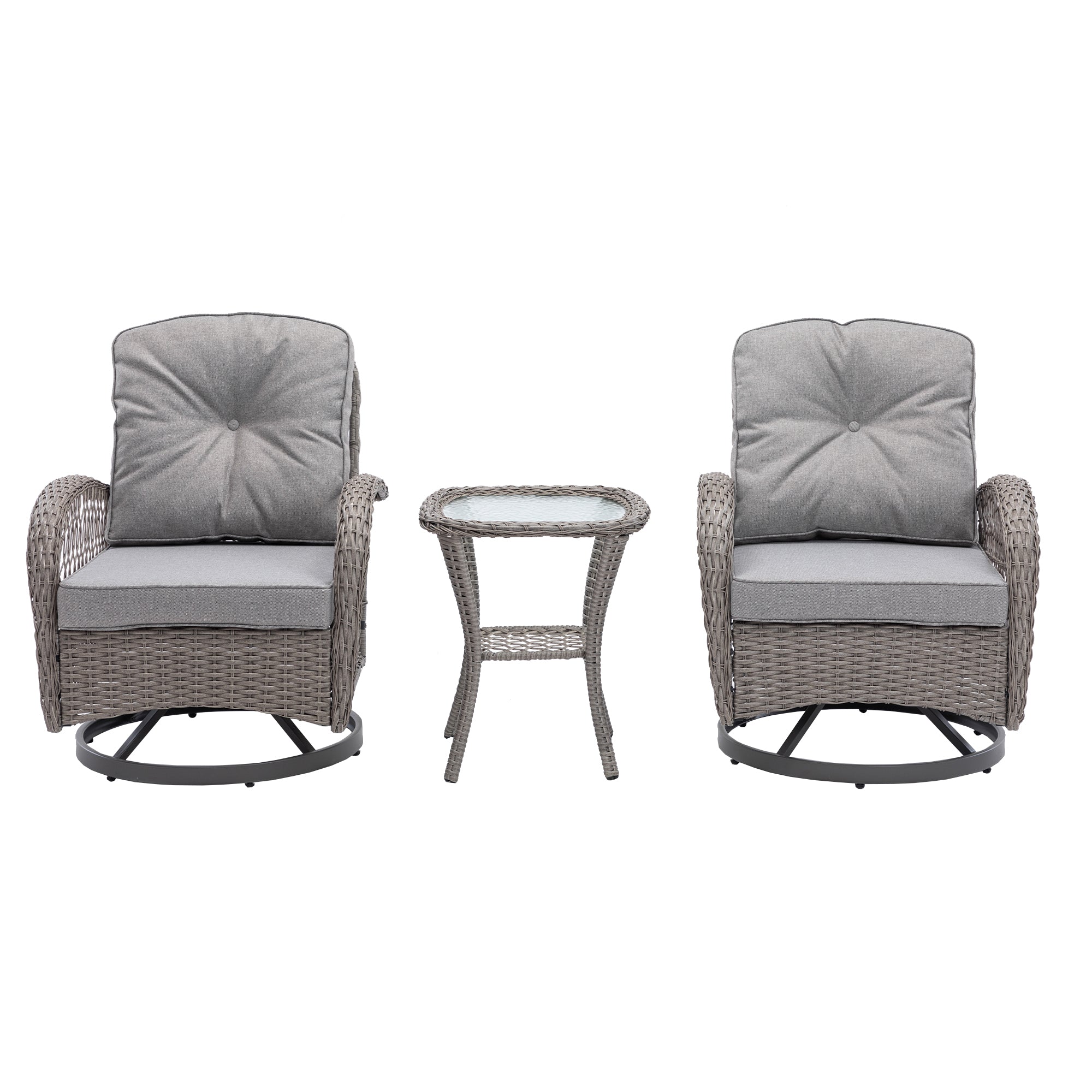 3 Pieces Outdoor Patio Wicker Swivel Chair Set with Cushions