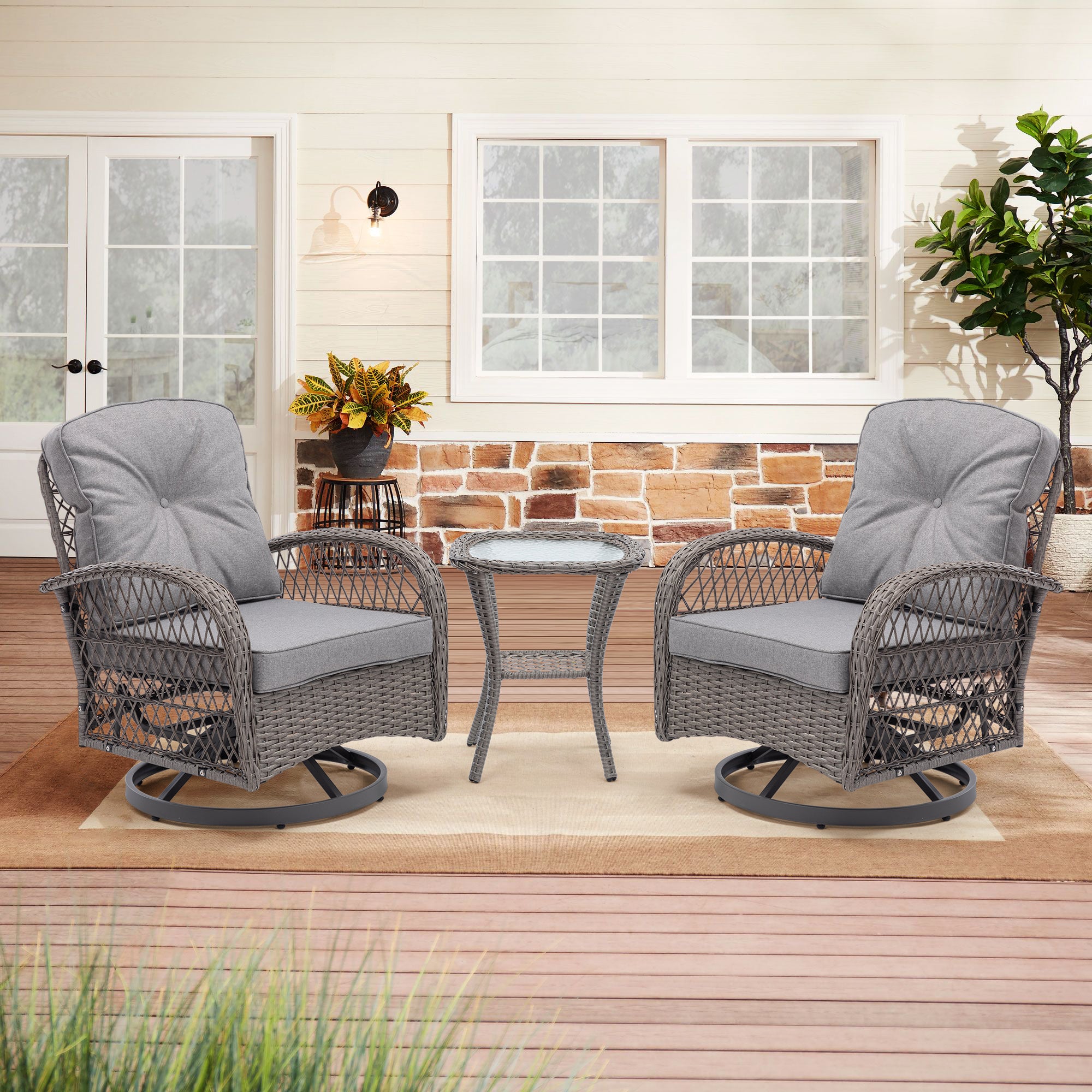 3 Pieces Outdoor Patio Wicker Swivel Chair Set with Cushions