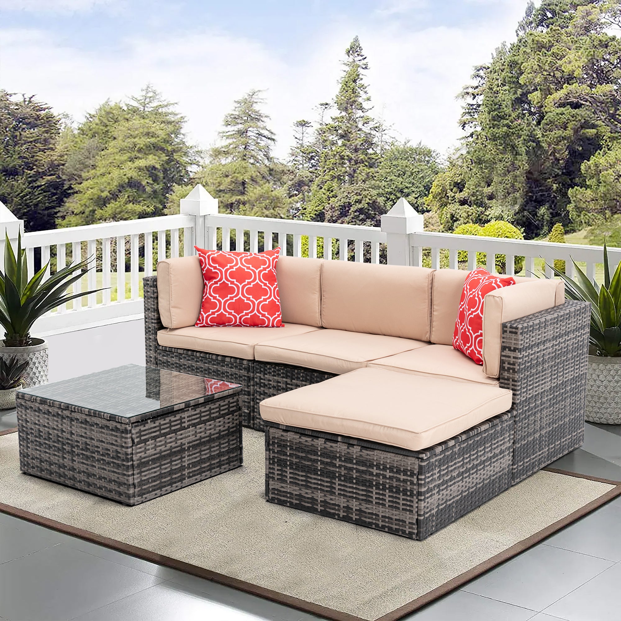 5 Pieces Outdoor Garden Rattan Patio Sectional Cushioned Sofa with 2 Pillows and Coffee Table