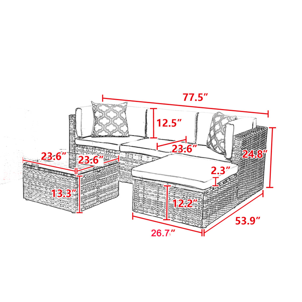 5 Pieces Outdoor Garden Rattan Patio Sectional Cushioned Sofa with 2 Pillows and Coffee Table
