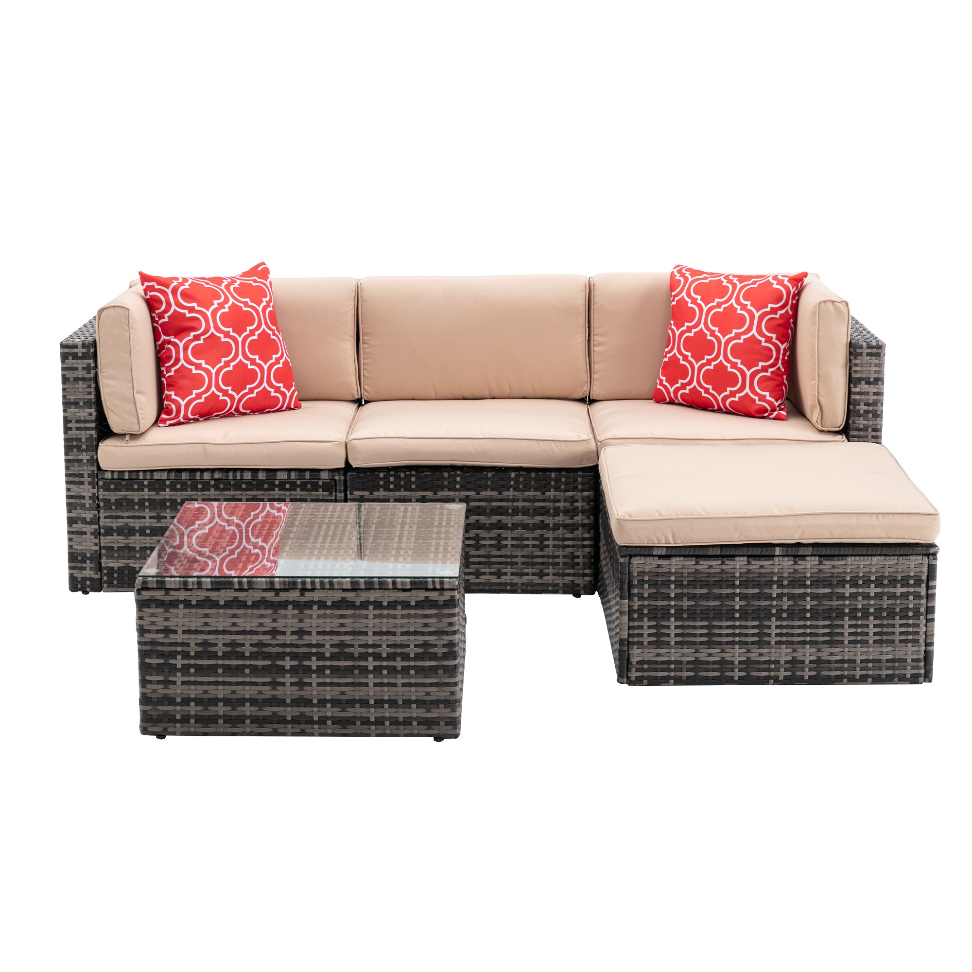 5 Pieces Outdoor Garden Rattan Patio Sectional Cushioned Sofa with 2 Pillows and Coffee Table