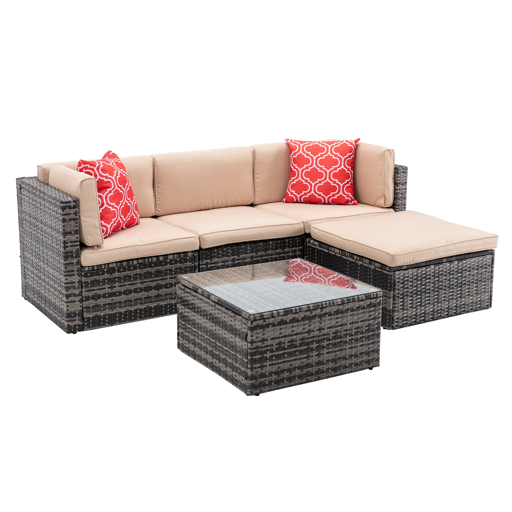5 Pieces Outdoor Garden Rattan Patio Sectional Cushioned Sofa with 2 Pillows and Coffee Table