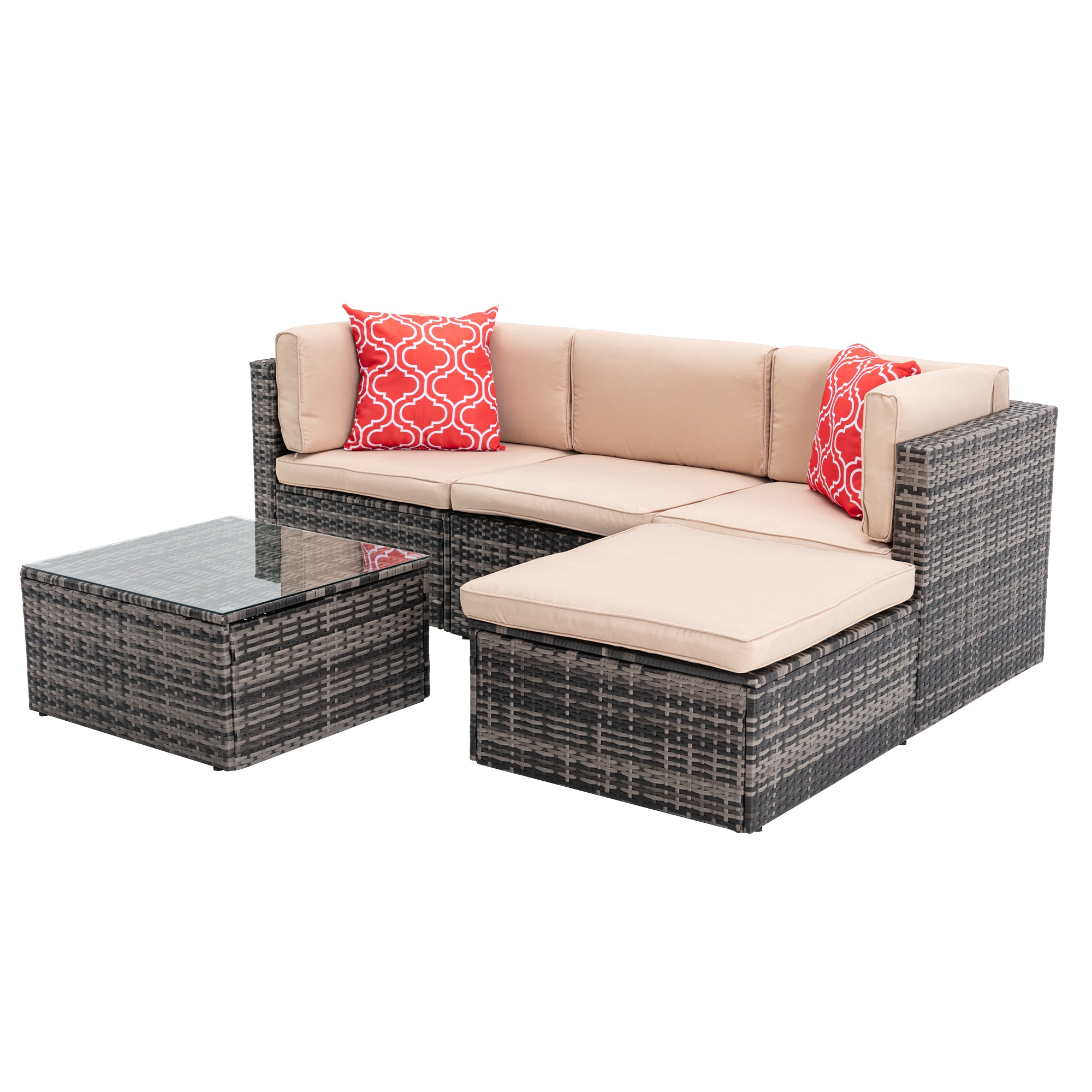 5 Pieces Outdoor Garden Rattan Patio Sectional Cushioned Sofa with 2 Pillows and Coffee Table