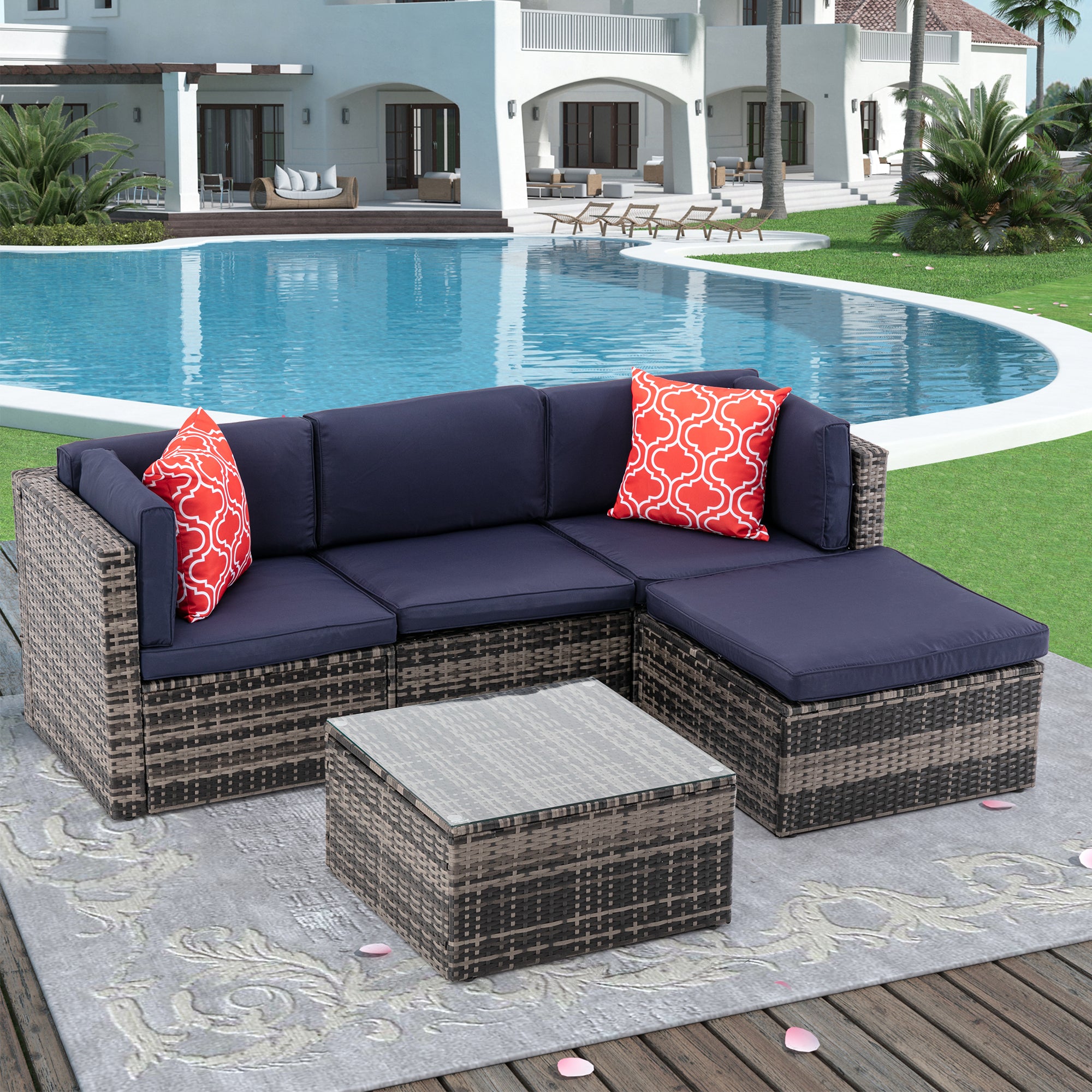 5 Pieces Outdoor Garden Rattan Patio Sectional Cushioned Sofa with 2 Pillows and Coffee Table
