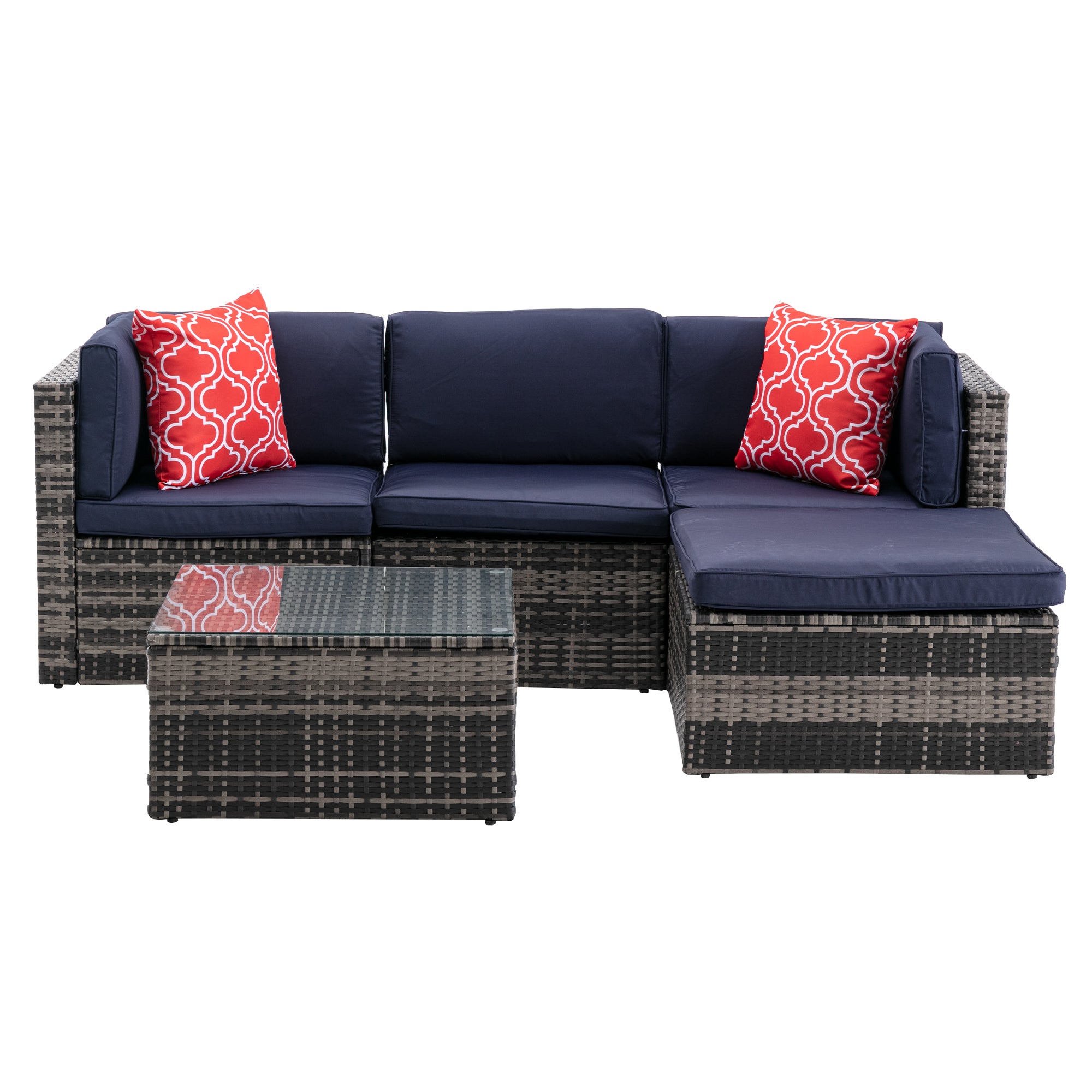 5 Pieces Outdoor Garden Rattan Patio Sectional Cushioned Sofa with 2 Pillows and Coffee Table
