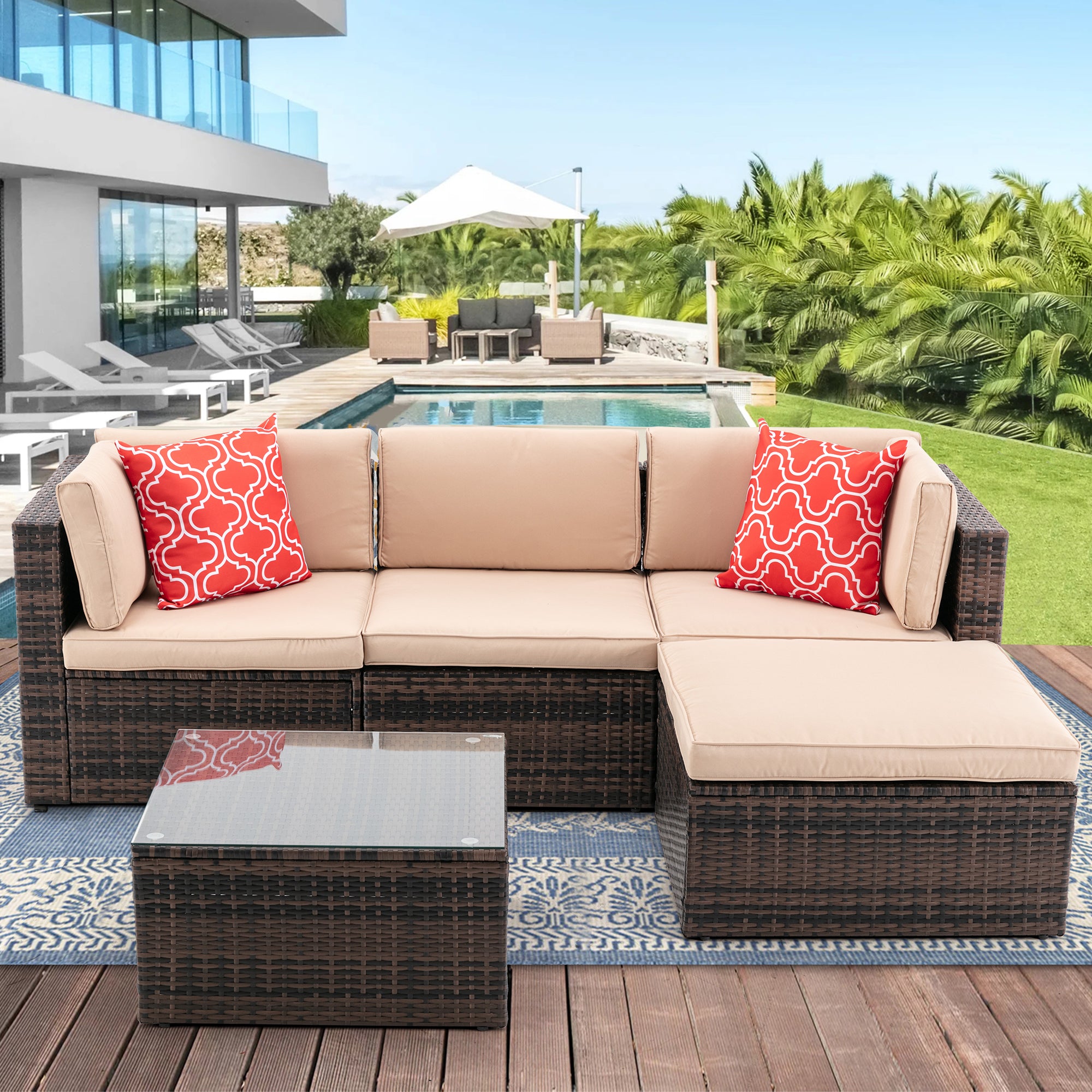 5 Pieces Outdoor Rattan Garden Patio Sectional Cushioned Sofa Sets with 2 Pillows and Coffee Table