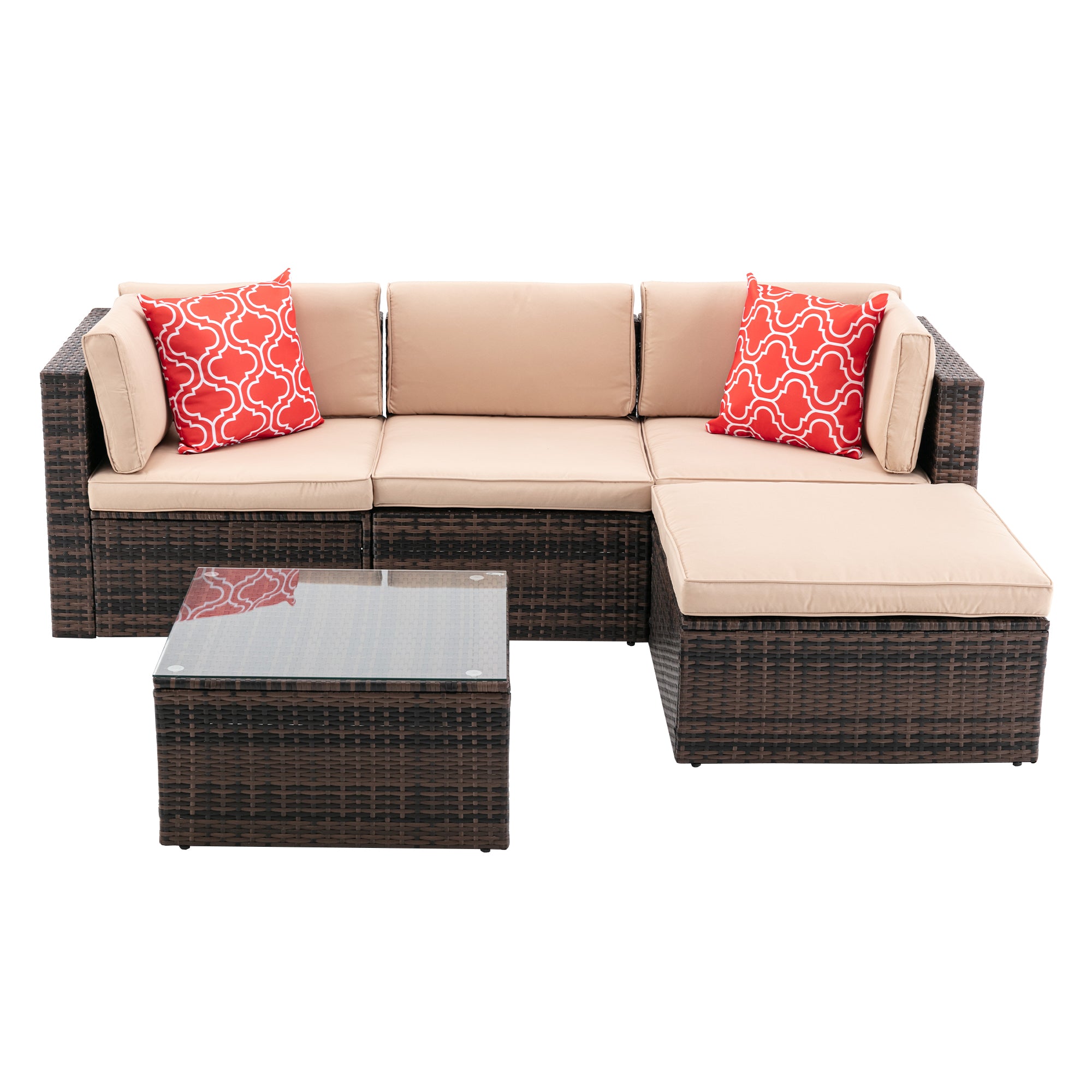 5 Pieces Outdoor Rattan Garden Patio Sectional Cushioned Sofa Sets with 2 Pillows and Coffee Table